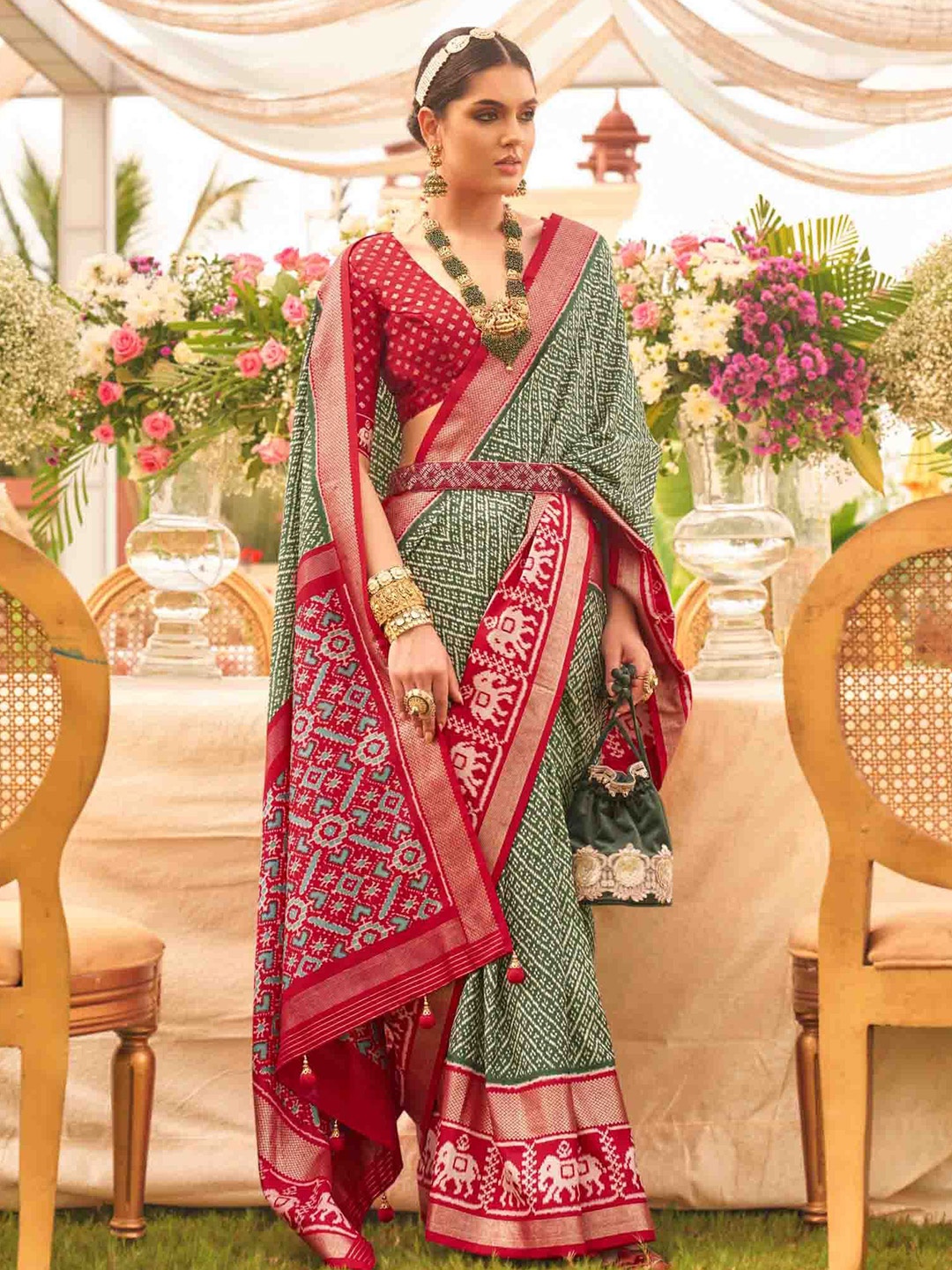 

Mitera Silk Blend Patola Saree, Green