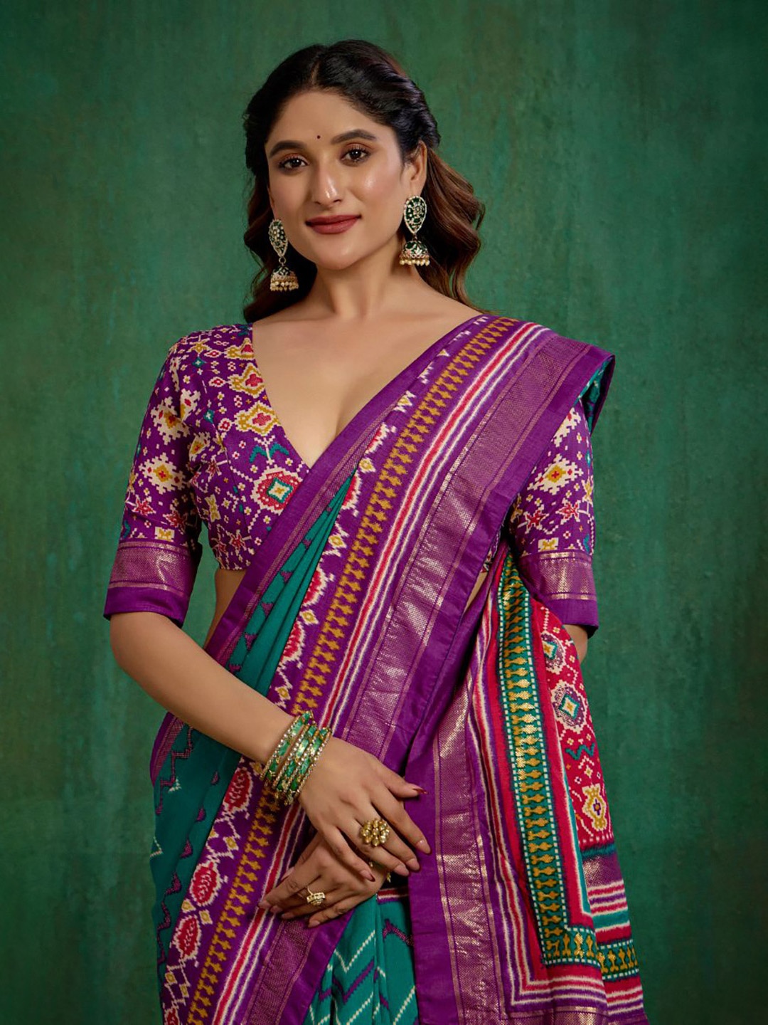 

Sangria Purple Velvet Tusser silk Patola Print Ready to Wear Saree