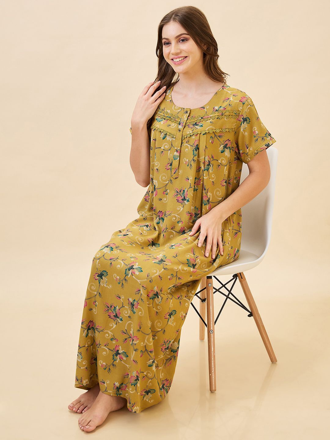 

AV2 Printed Maxi Nightdress, Yellow