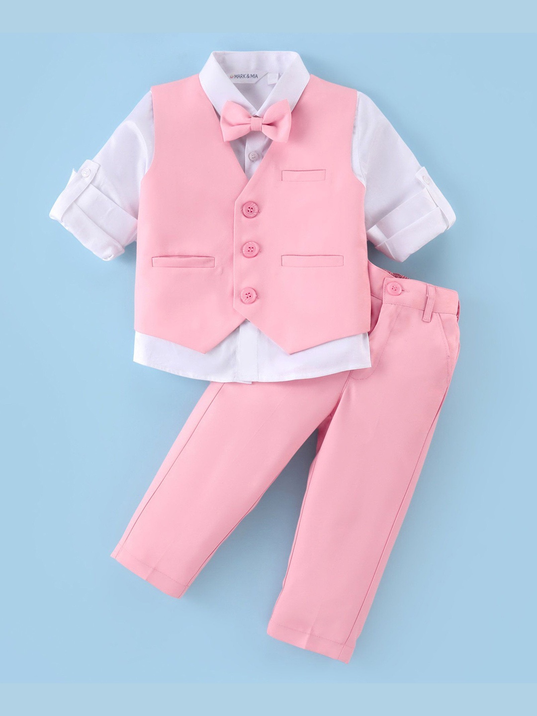 

Mark & Mia Boys Single Breasted 3 Piece Suit Waistcoat With Shirt Trouser & Bow Tie, Pink