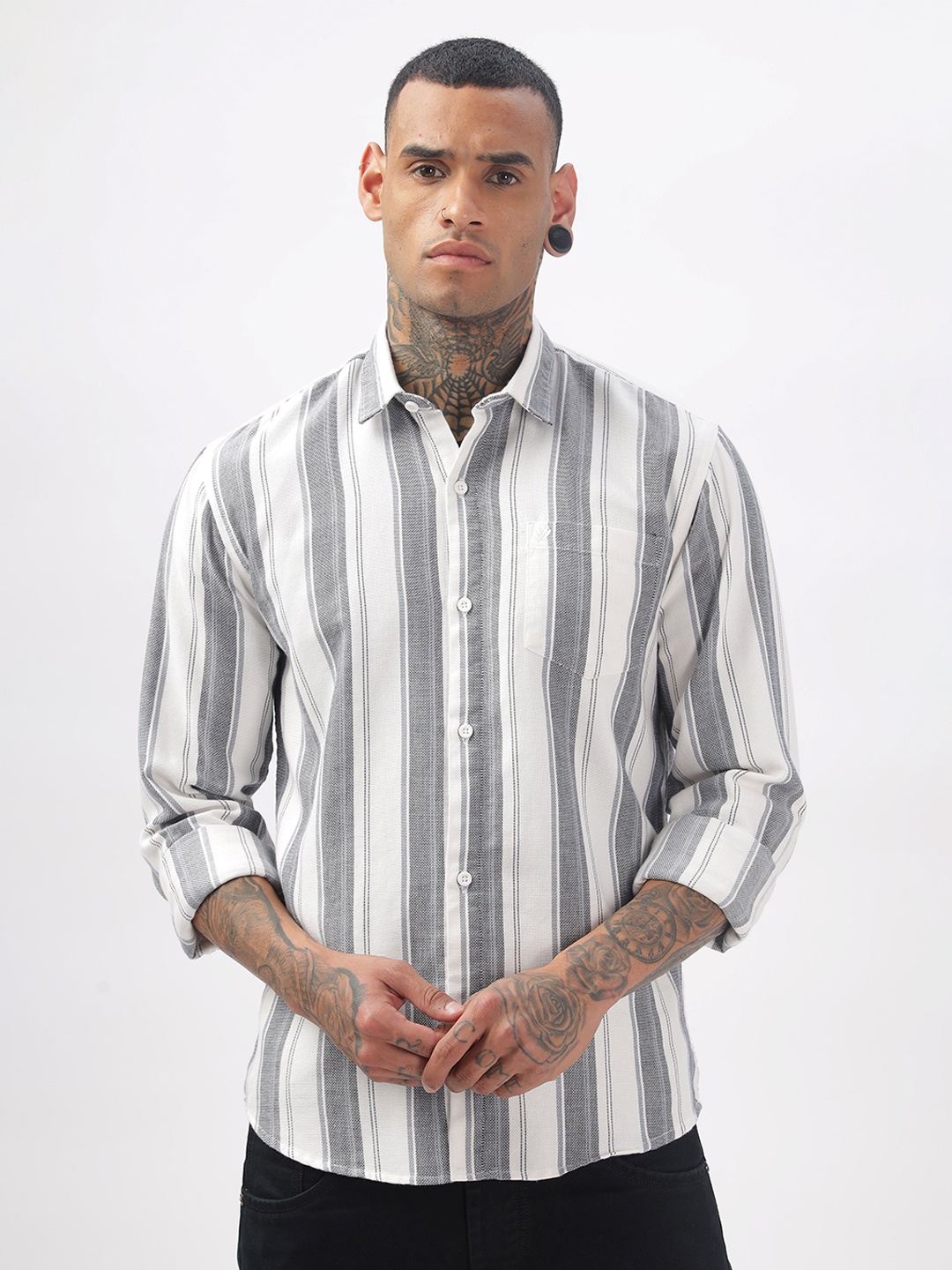 

BS BLUE SQUAD Men Slim Fit Multi Stripes Opaque Striped Casual Shirt, Grey