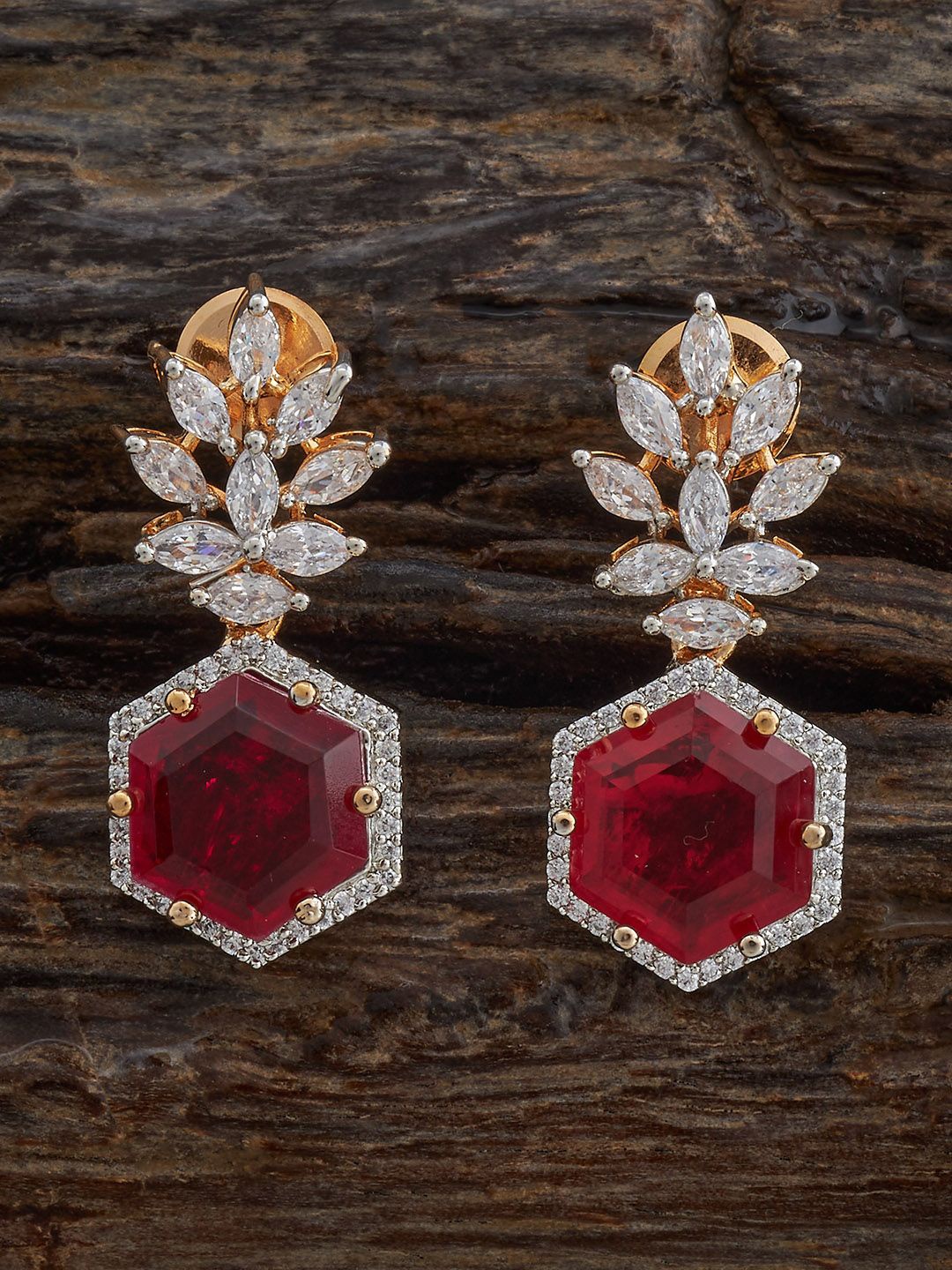 

Kushal's Fashion Jewellery Gold Plated Zircon Studded Floral Drop Earrings, Red