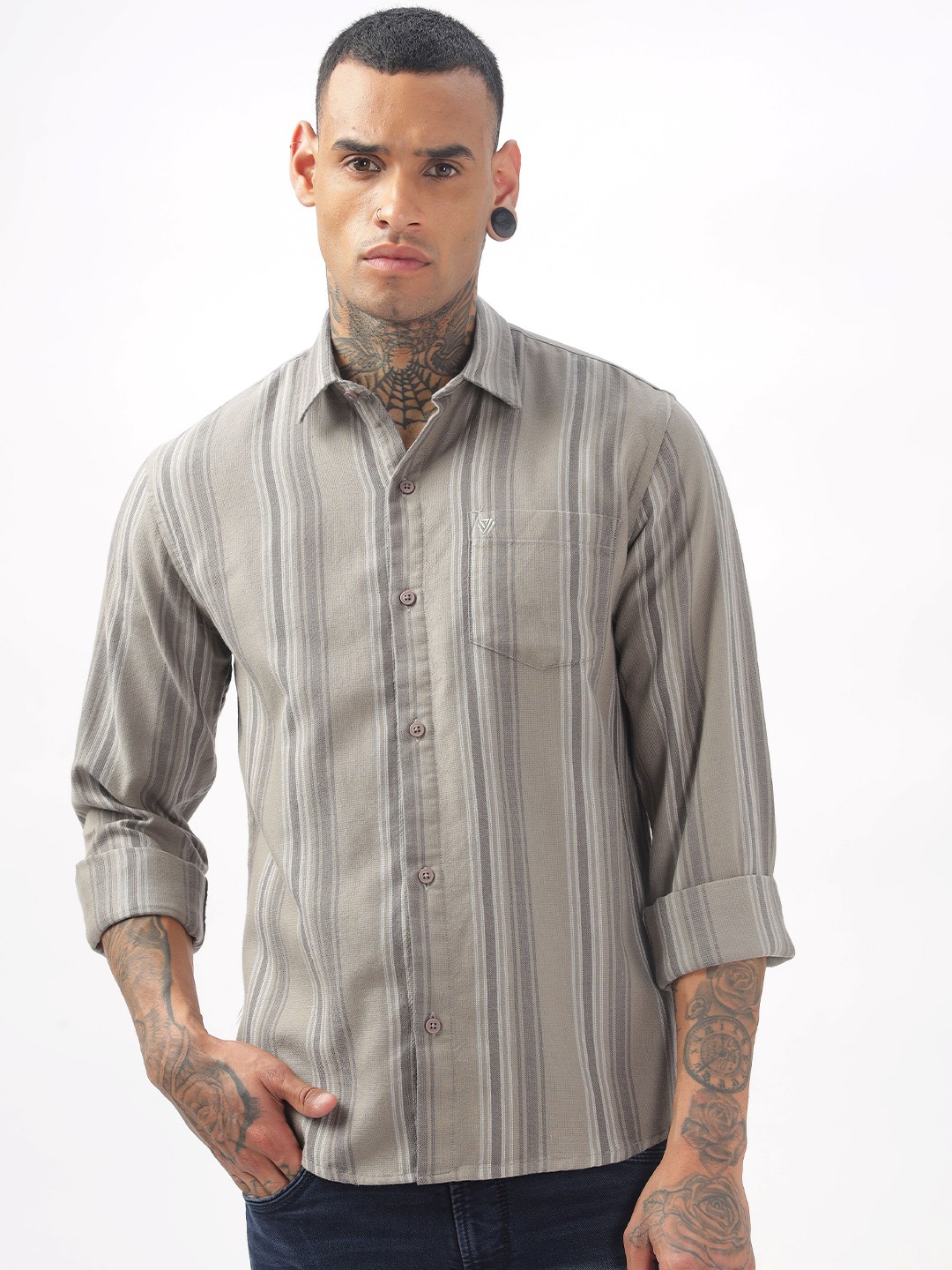 

BS BLUE SQUAD Men Slim Fit Multi Stripes Opaque Striped Casual Shirt, Brown