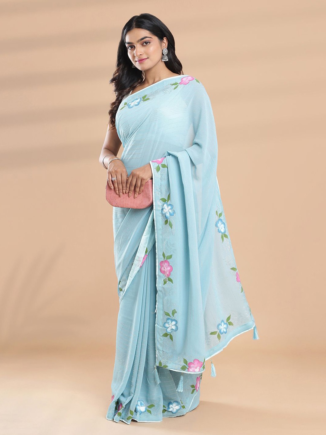 

Kalyan Silks Floral Beads and Stones Poly Georgette Saree, Blue