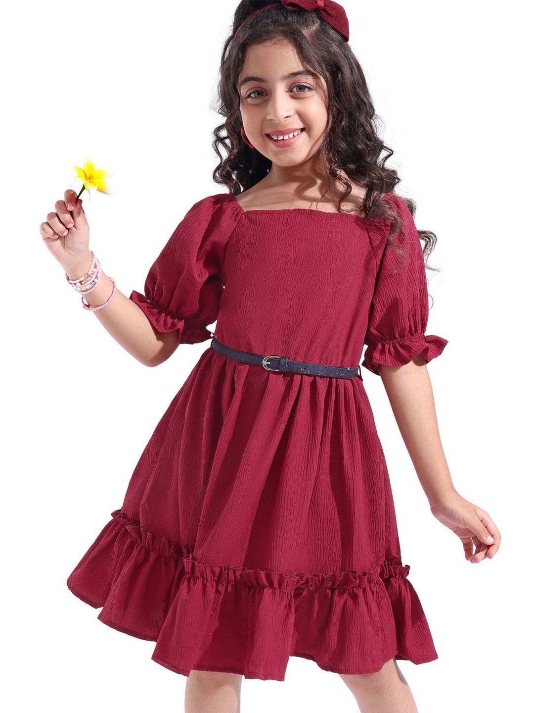 

Hola Bonita Girls Puff Sleeve Fit & Flare Dress, Maroon