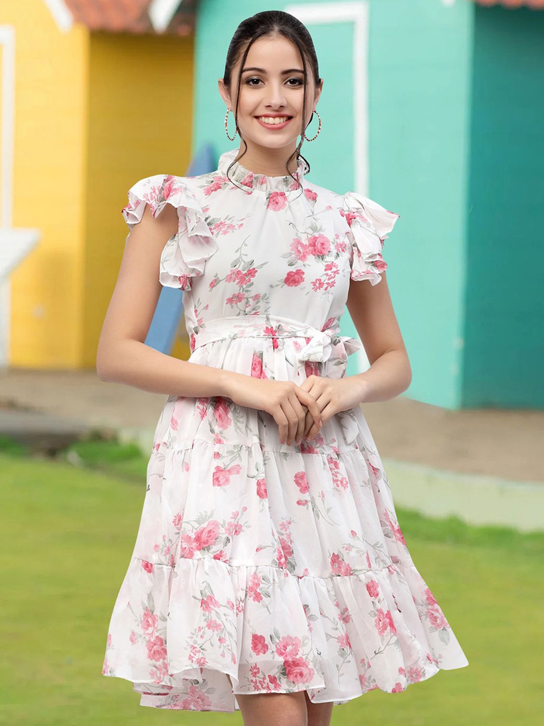 

MISS AYSE Floral Print Applique Fit & Flare Dress, Pink