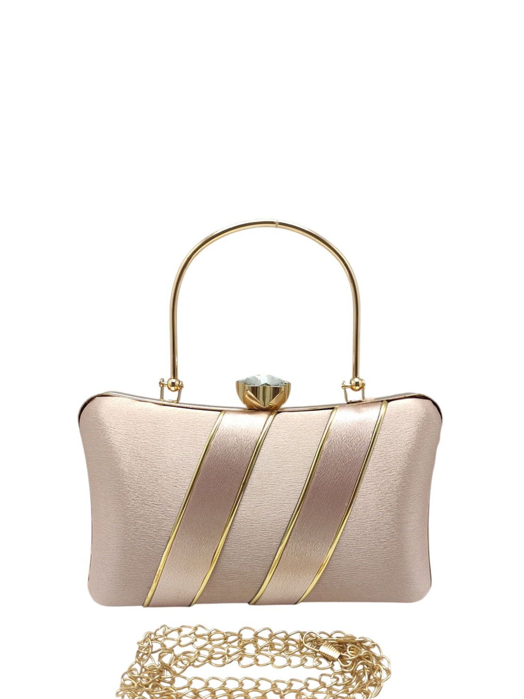 

Esmoda Striped Tinsel Frame Purse Clutch with Shoulder Chain, Beige