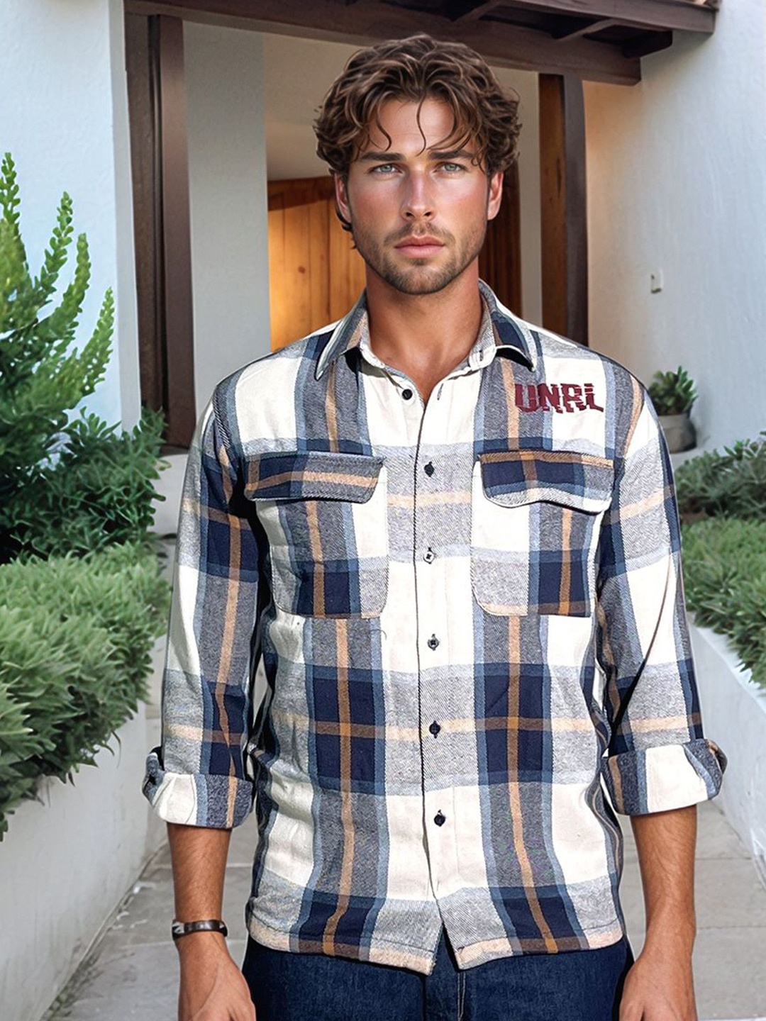 

HERE&NOW Men Spread Collar Tartan Checked Cotton Casual Shirt, White