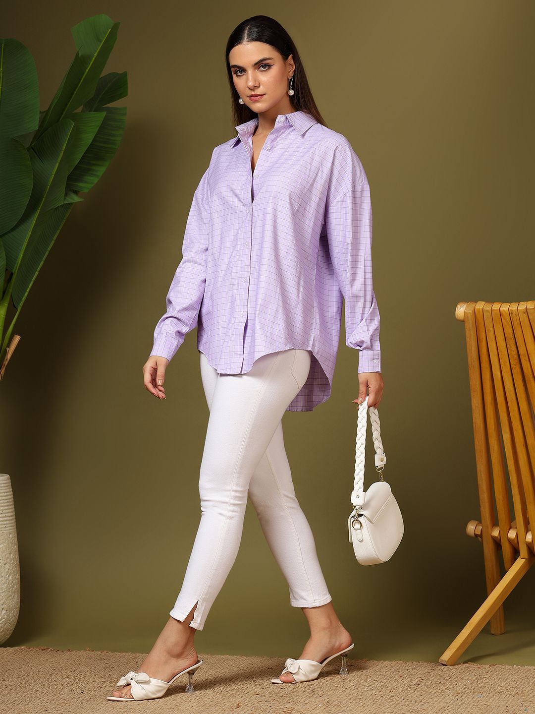 

Kotty Women Relaxed Fit Spread Collar Grid Tattersall Checked Cotton Casual Shirt, Lavender