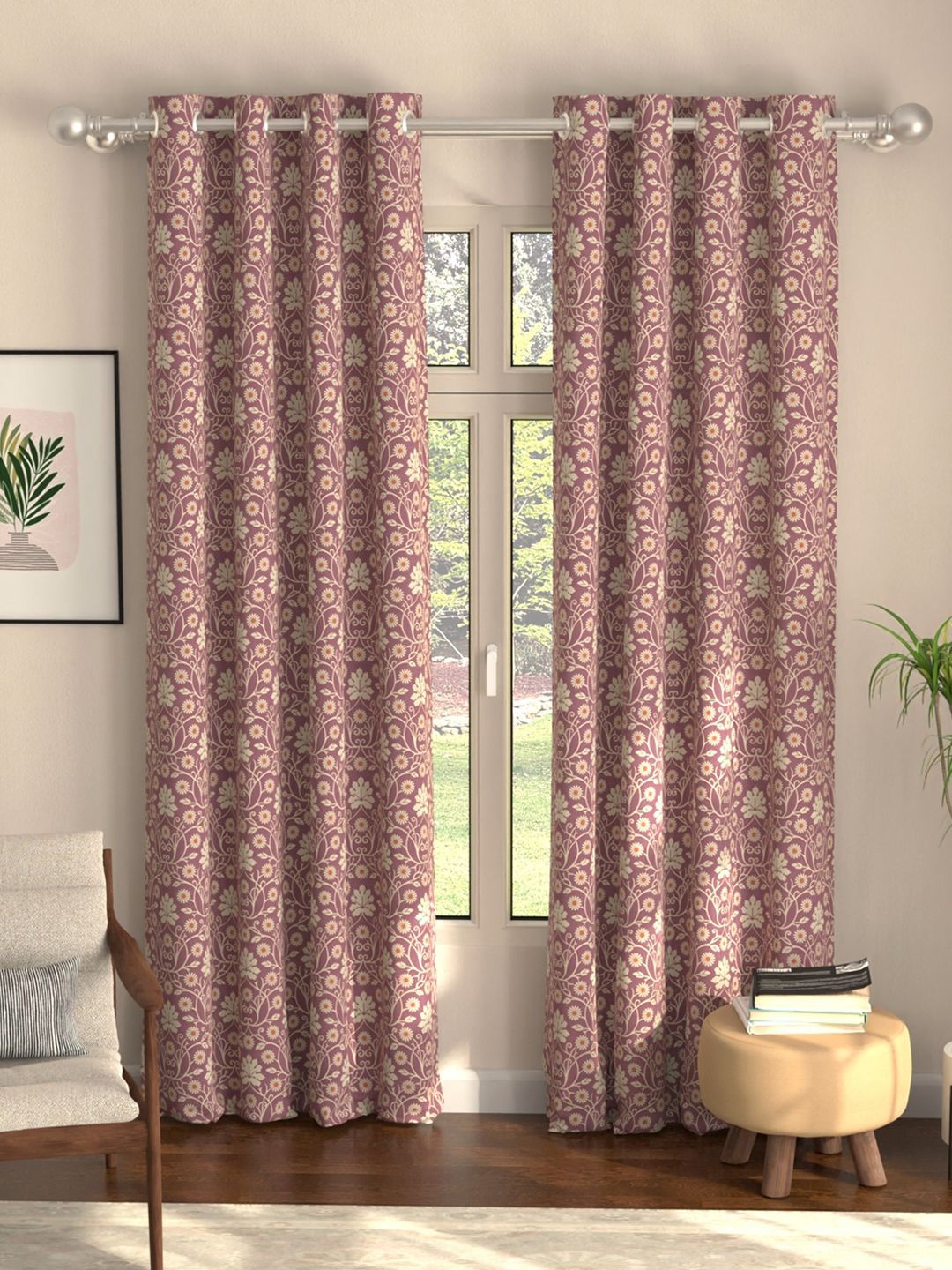

URBAN SPACE Burgundy Set of 2 Floral Black Out Long Door Curtain