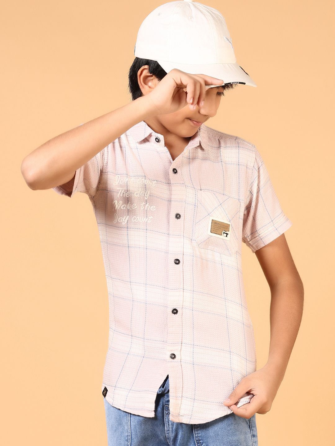 

V-Mart Boys Spread Collar Checked Cotton Casual Shirt, Peach