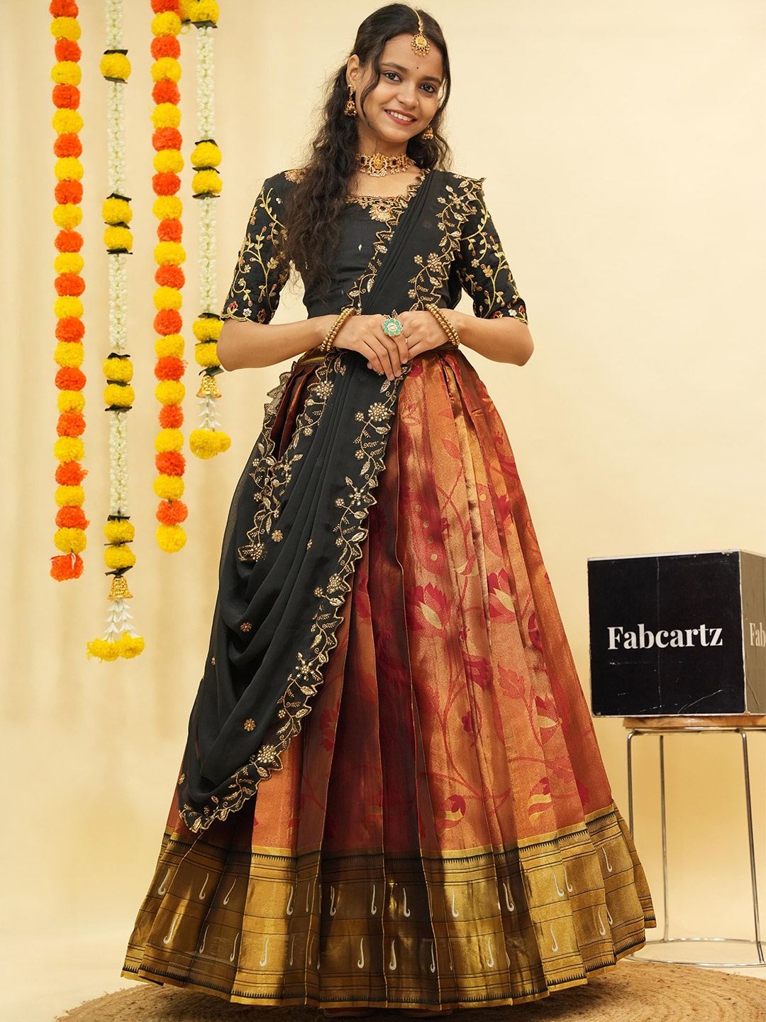 

Fabcartz Embroidered Zardozi Semi-Stitched Lehenga & Unstitched Blouse With Dupatta, Maroon