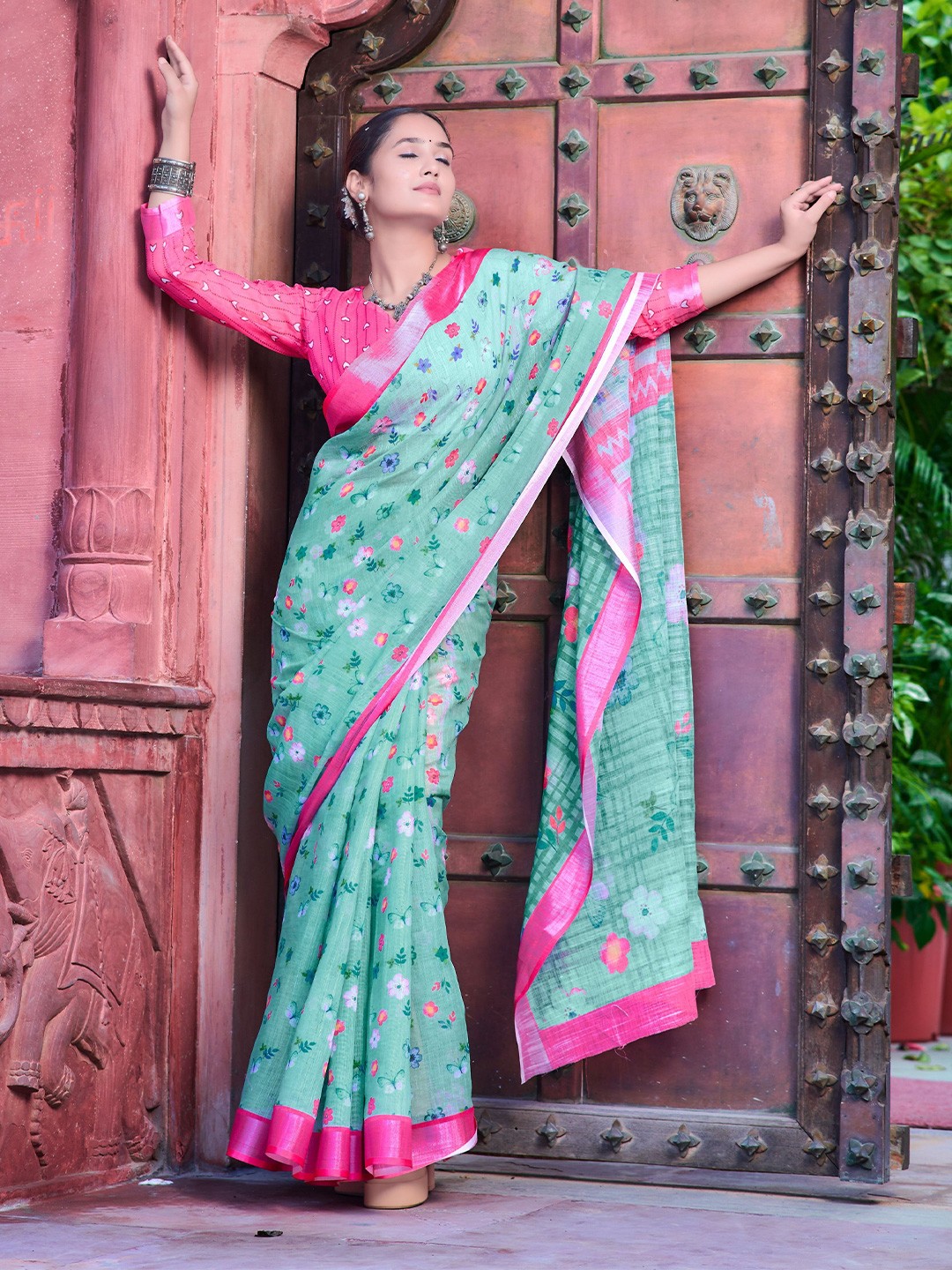 

Sidhidata Floral Block Print Saree, Sea green