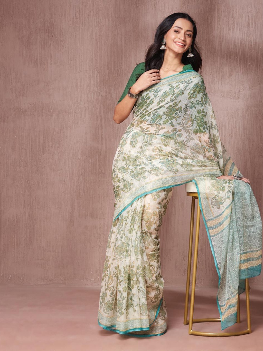 

Fabindia Ethnic Motifs Block Print Saree, Off white