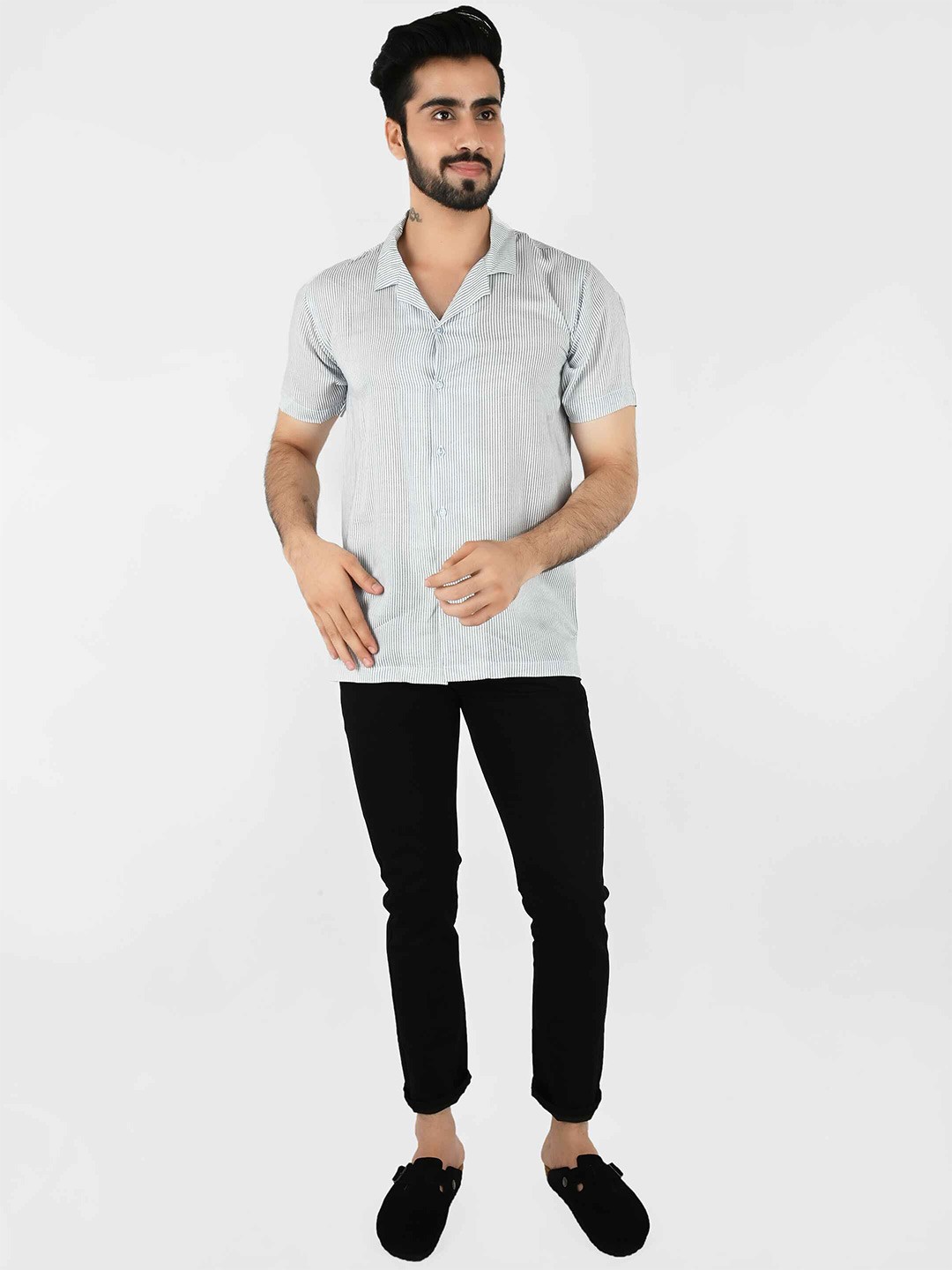 

Blissence Men Comfort Fit Cuban Collar Vertical Striped Cotton Casual Shirt, Blue