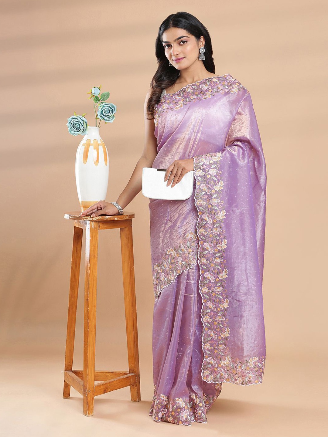 

Kalyan Silks Floral Beads and Stones Organza Saree, Violet