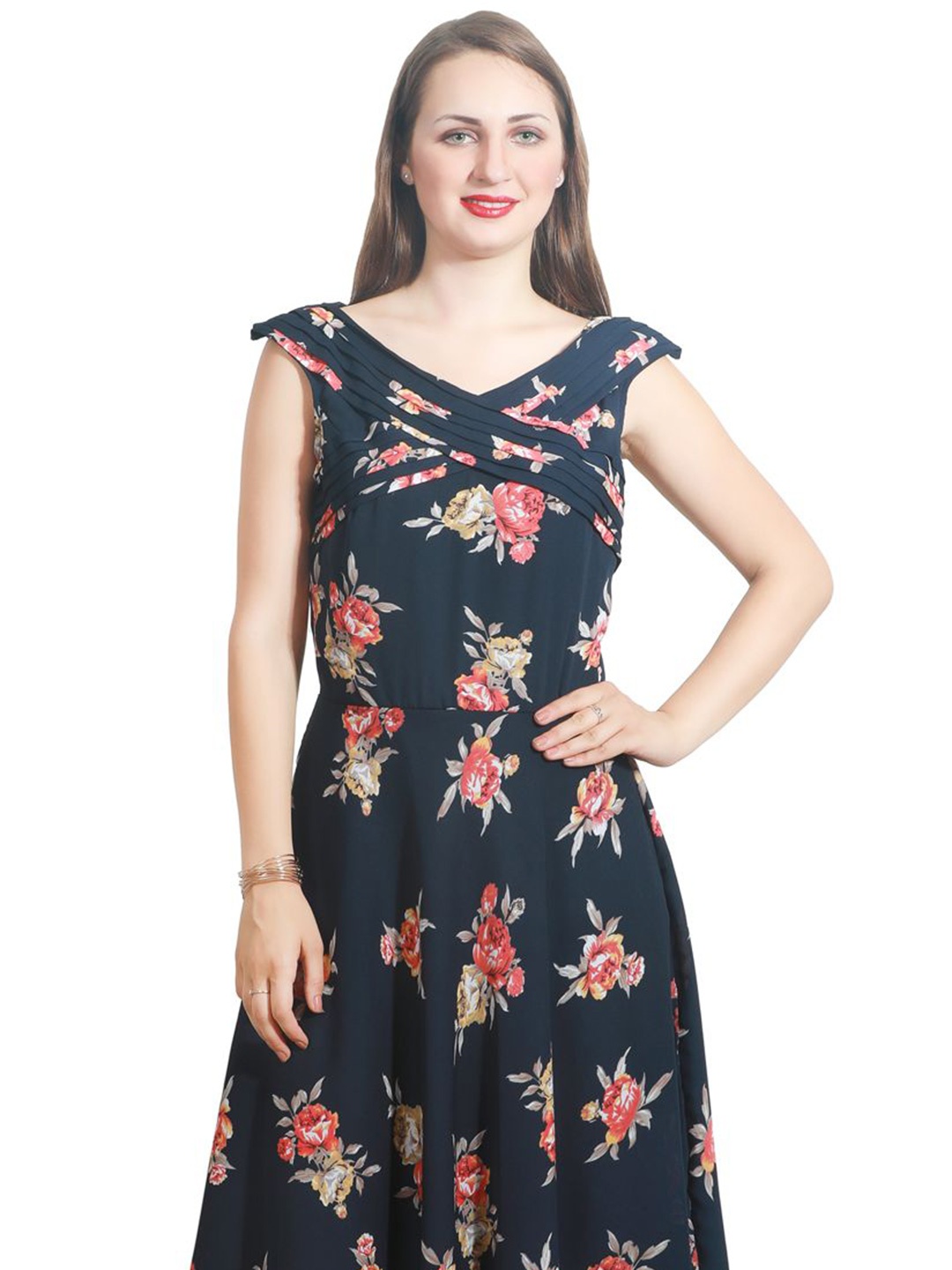 

DELIS Women Floral Printed Georgette Fit & Flare Midi Dress, Navy blue