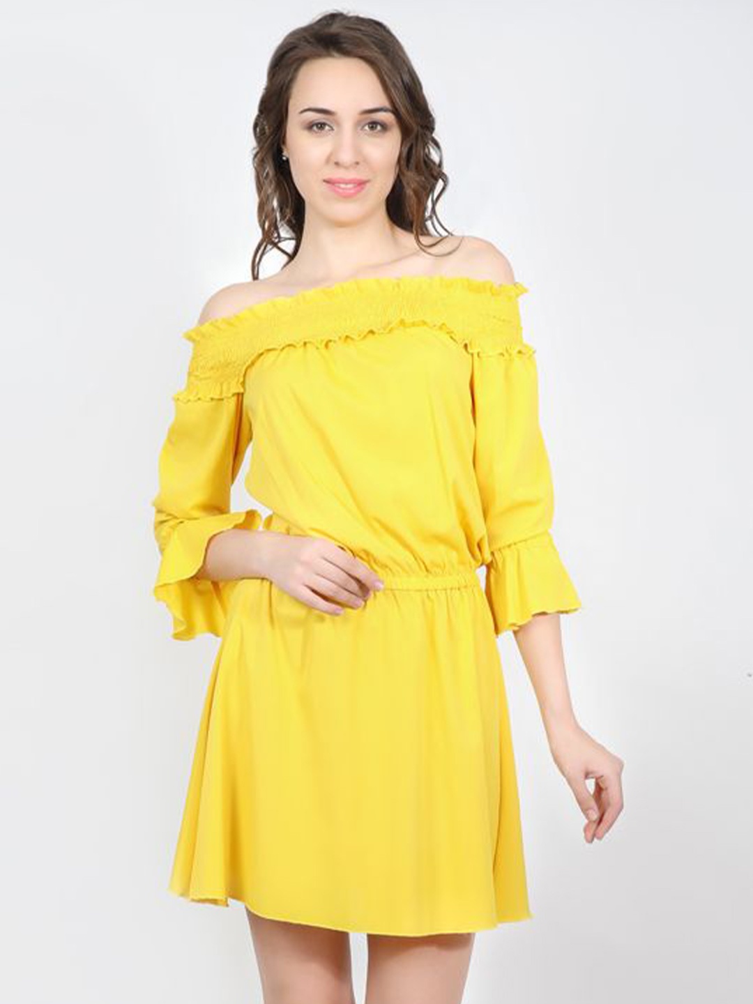 

DELIS Off-Shoulder Puff Sleeve Georgette Fit & Flare Dress, Yellow