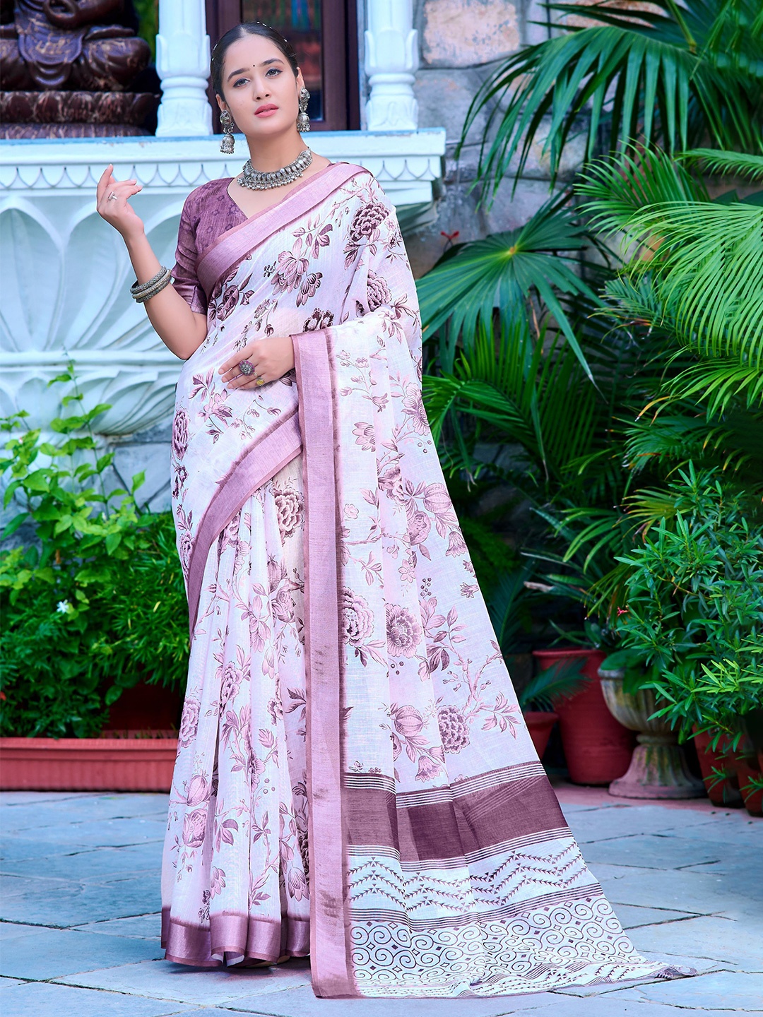 

Sidhidata Floral Block Print Saree, Rose