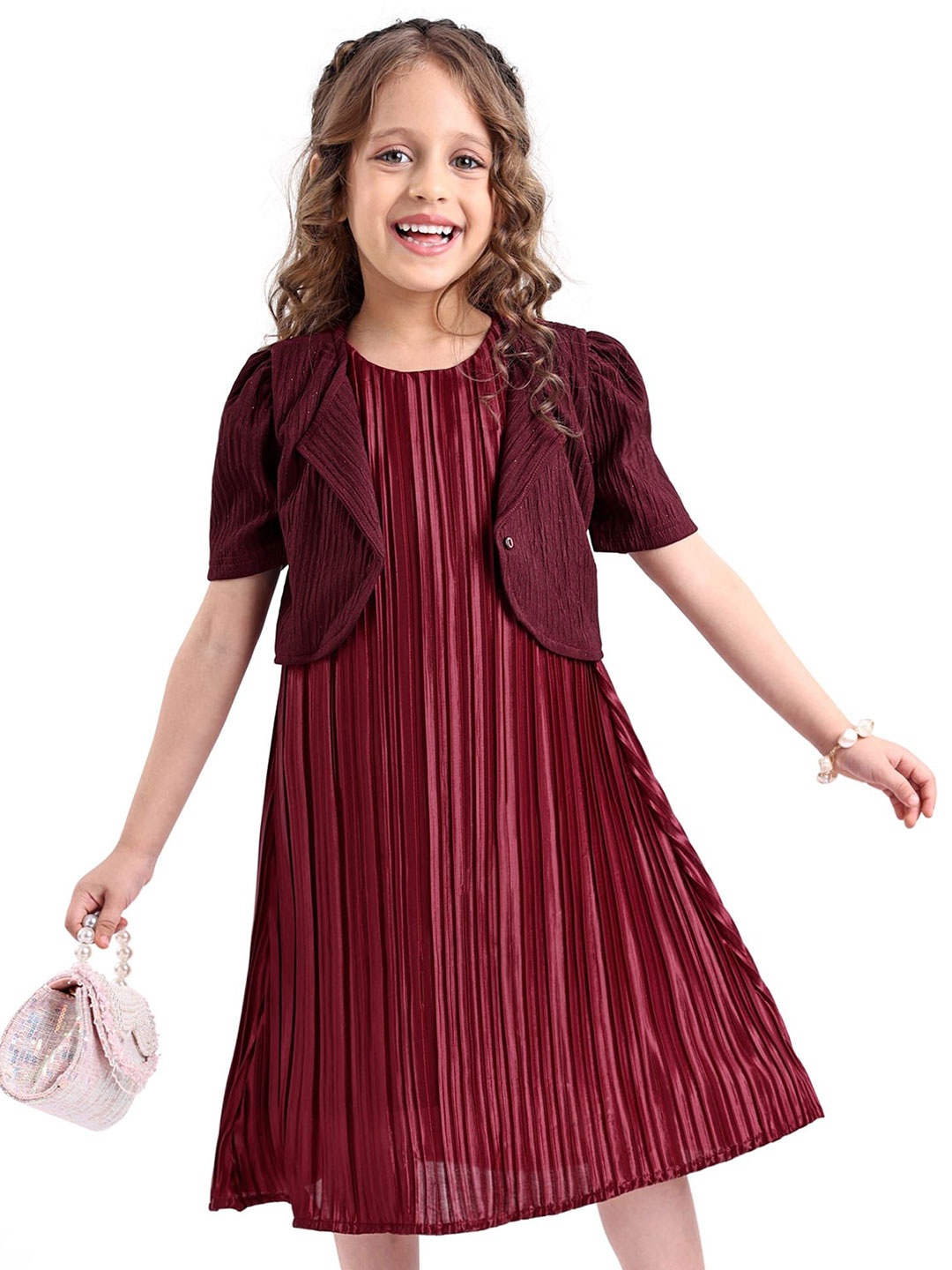 

Hola Bonita Girls Front Open Shrug with Inner Solid Textured Shift Dress, Maroon