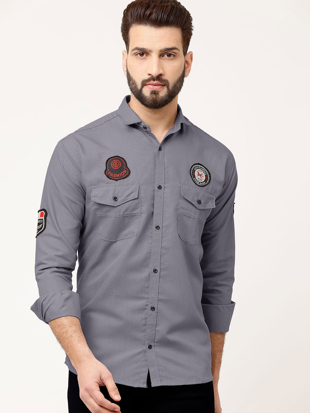 

WOXEN Men Original Fit Spread Collar Solid Cotton Casual Shirt, Grey