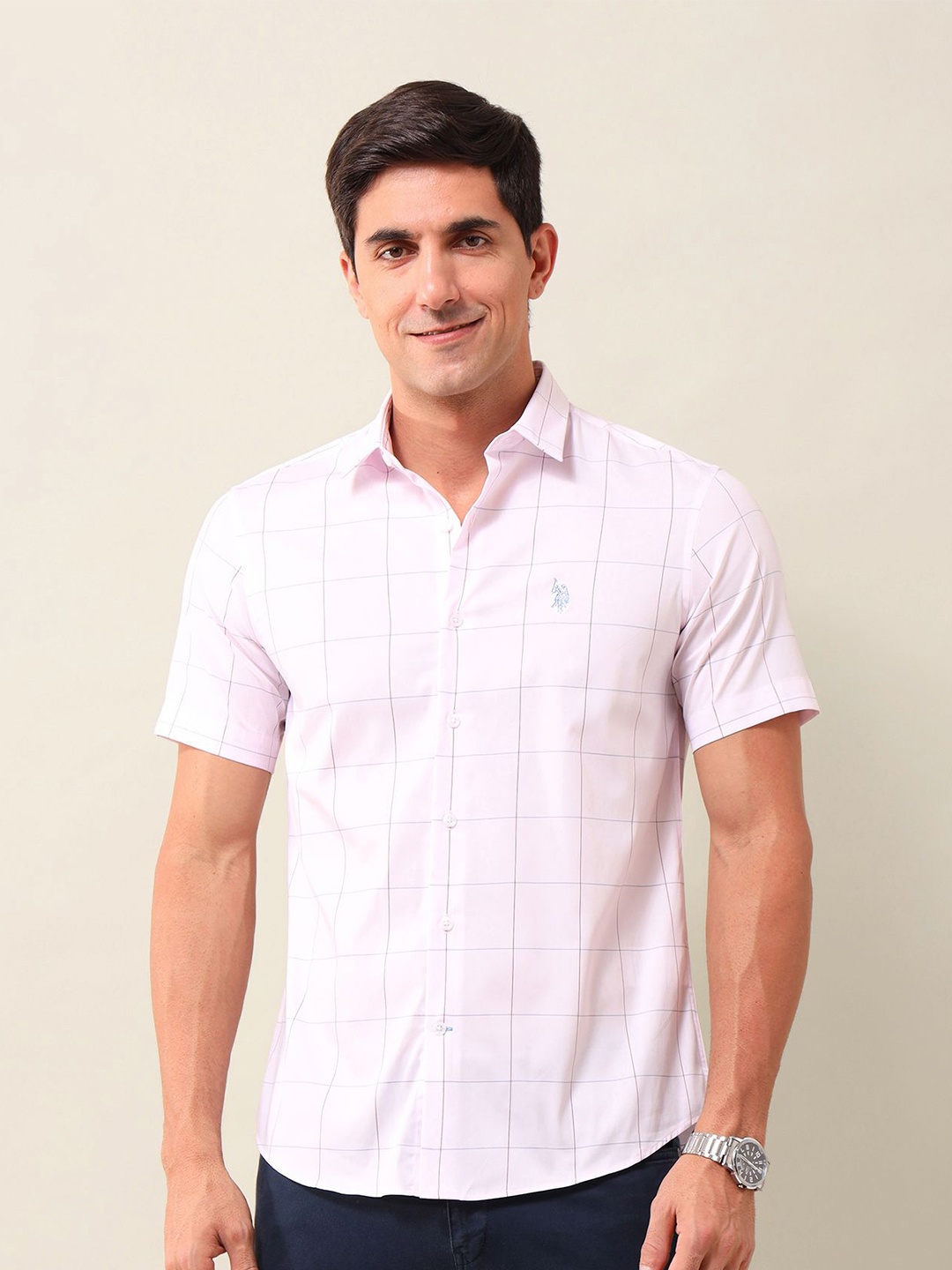 

U.S. Polo Assn. Men Tailored Fit Opaque Checked Casual Shirt, Pink