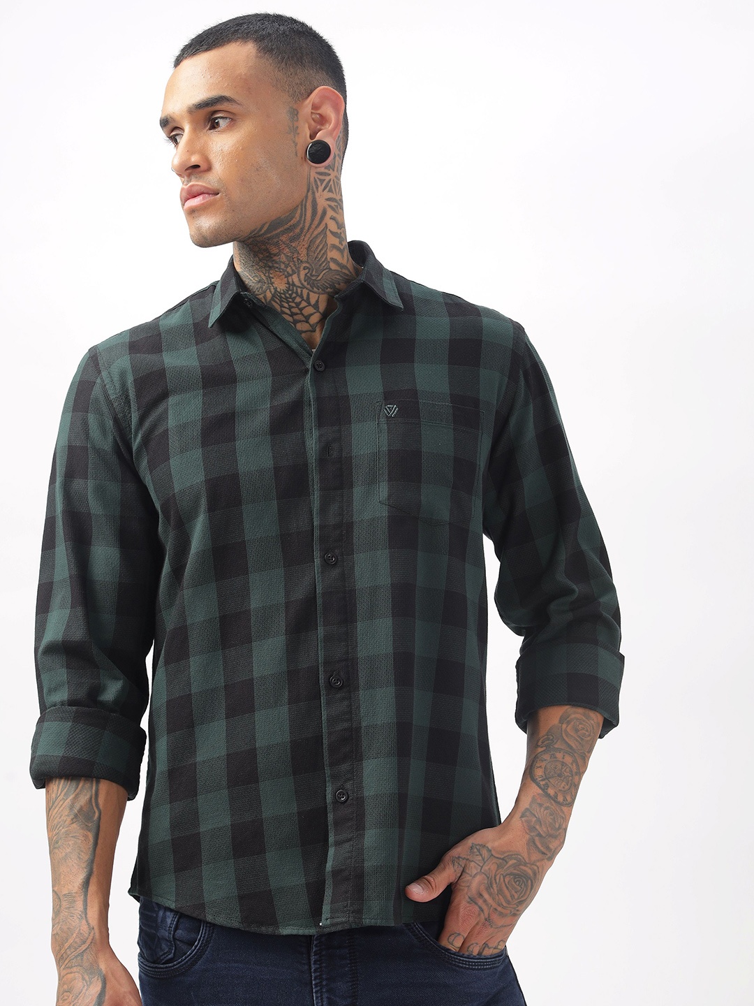 

BS BLUE SQUAD Men Slim Fit Opaque Checked Casual Shirt, Green