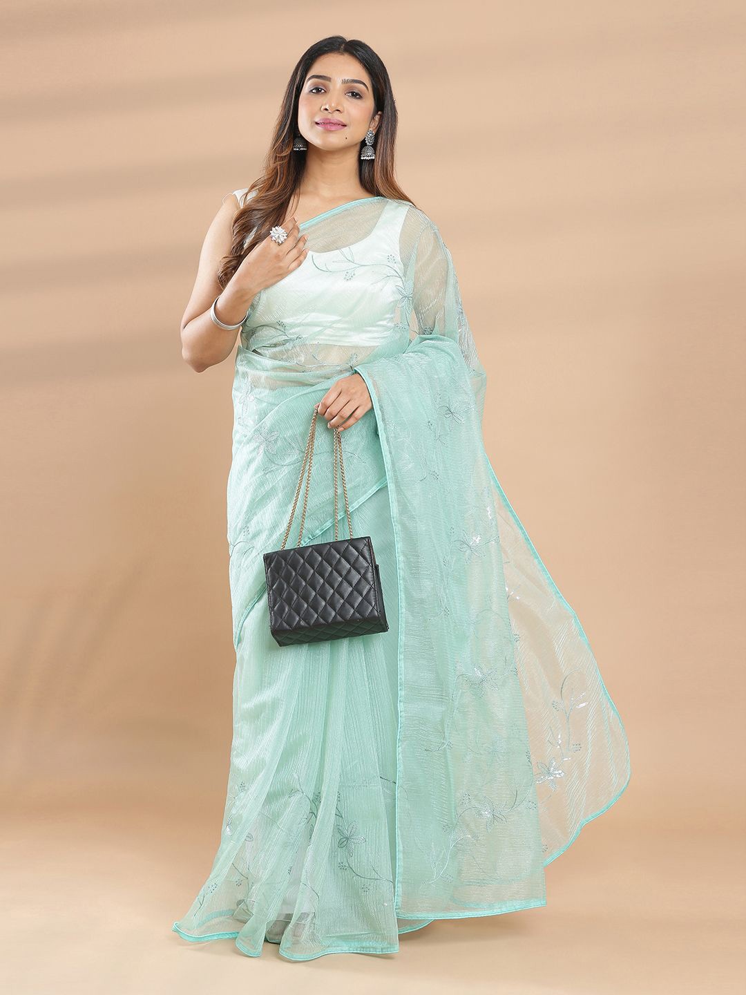 

Kalyan Silks Floral Embroidered Net Saree, Teal