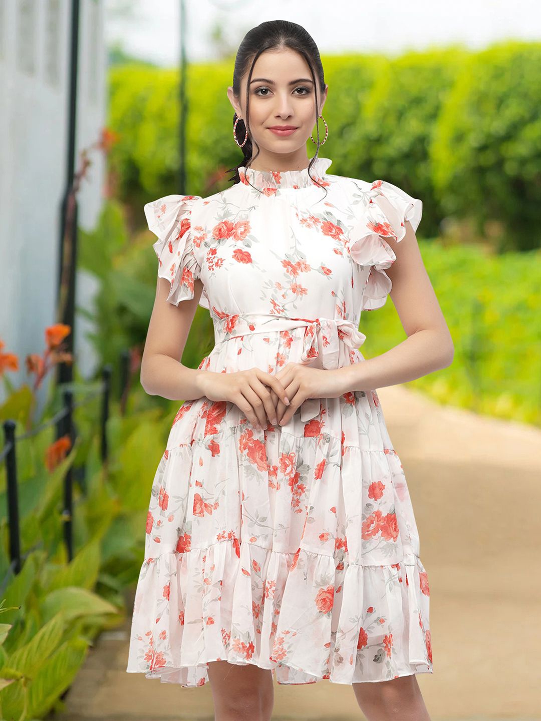 

MISS AYSE Floral Print Applique Fit & Flare Dress, Orange