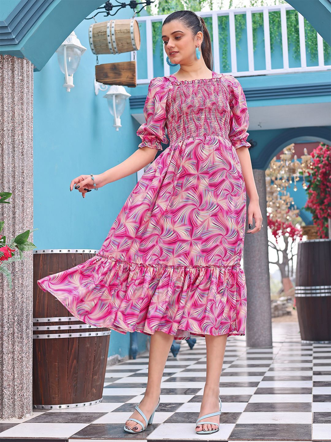 

BAESD Women Floral Printed Puff Sleeves Cotton Fit & Flare Dress, Pink