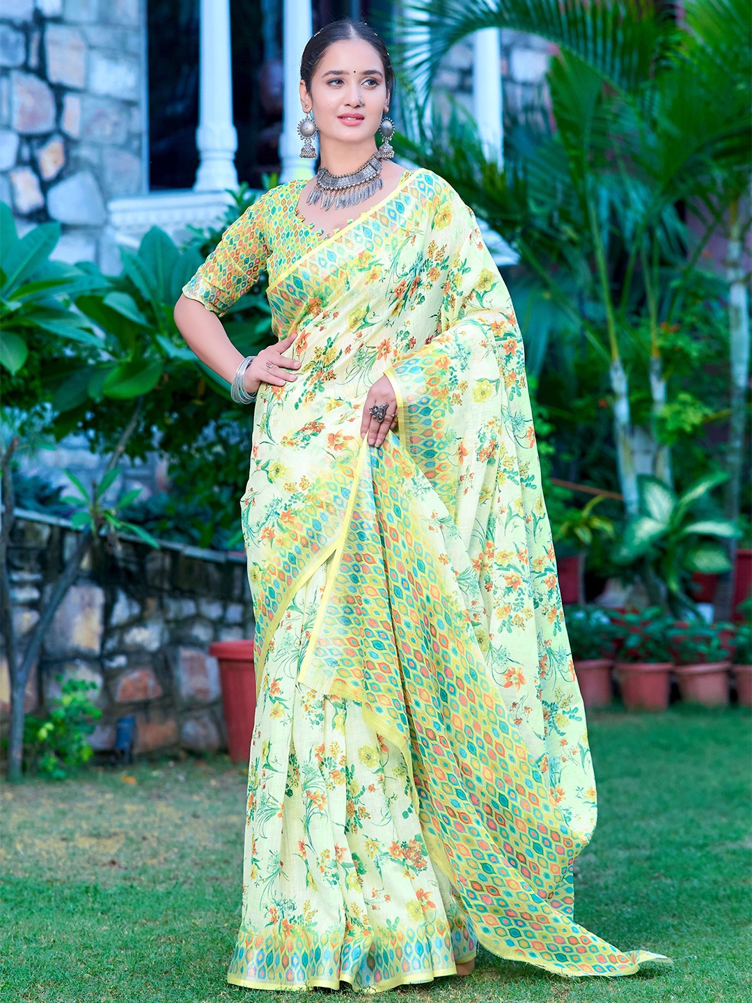 

Sidhidata Floral Block Print Saree, Yellow