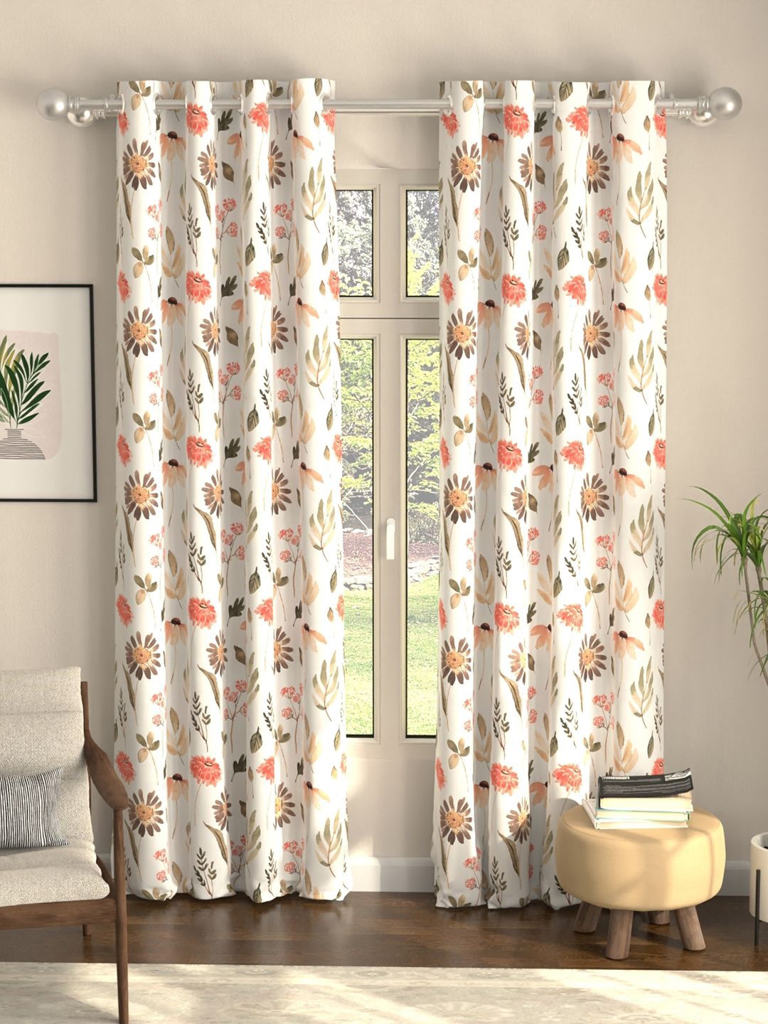 

URBAN SPACE Peach-Coloured & White 2 Pcs Floral Printed Black Out Long Door Curtains