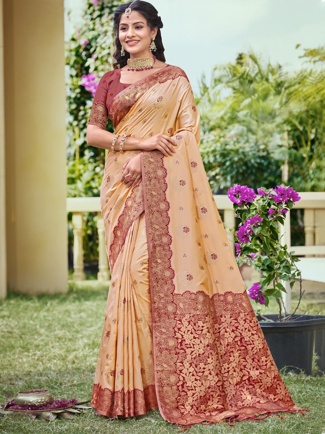 

SANGAM PRINTS Floral Zari Banarasi Saree, Peach