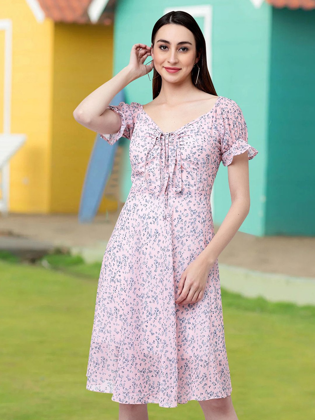 

MISS AYSE Floral Print Tie-Up Neck Applique Fit & Flare Dress, Pink