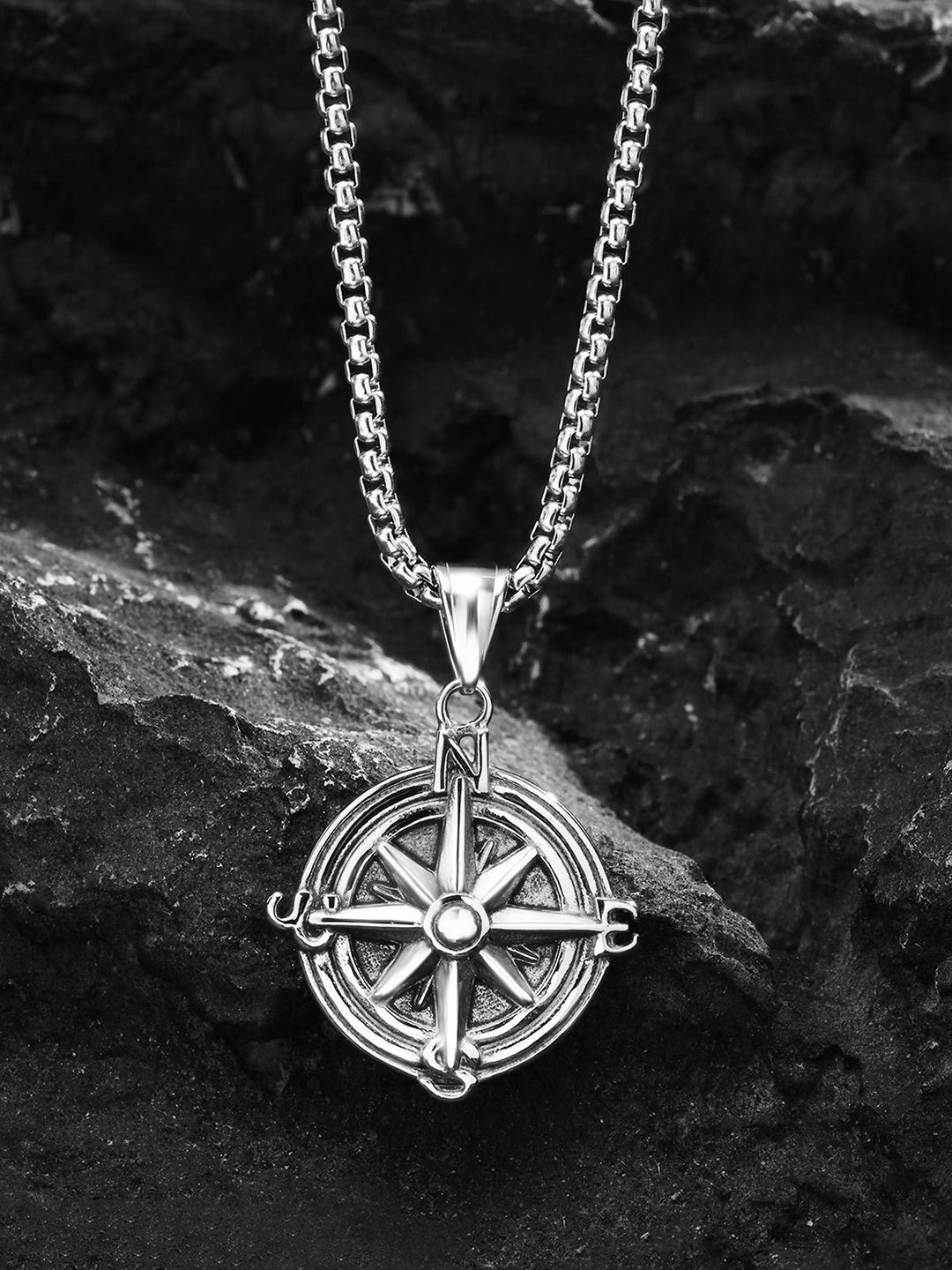 

Peora Men Silver-Plated Stainless Steel Fancy Compass Pendant with Chain