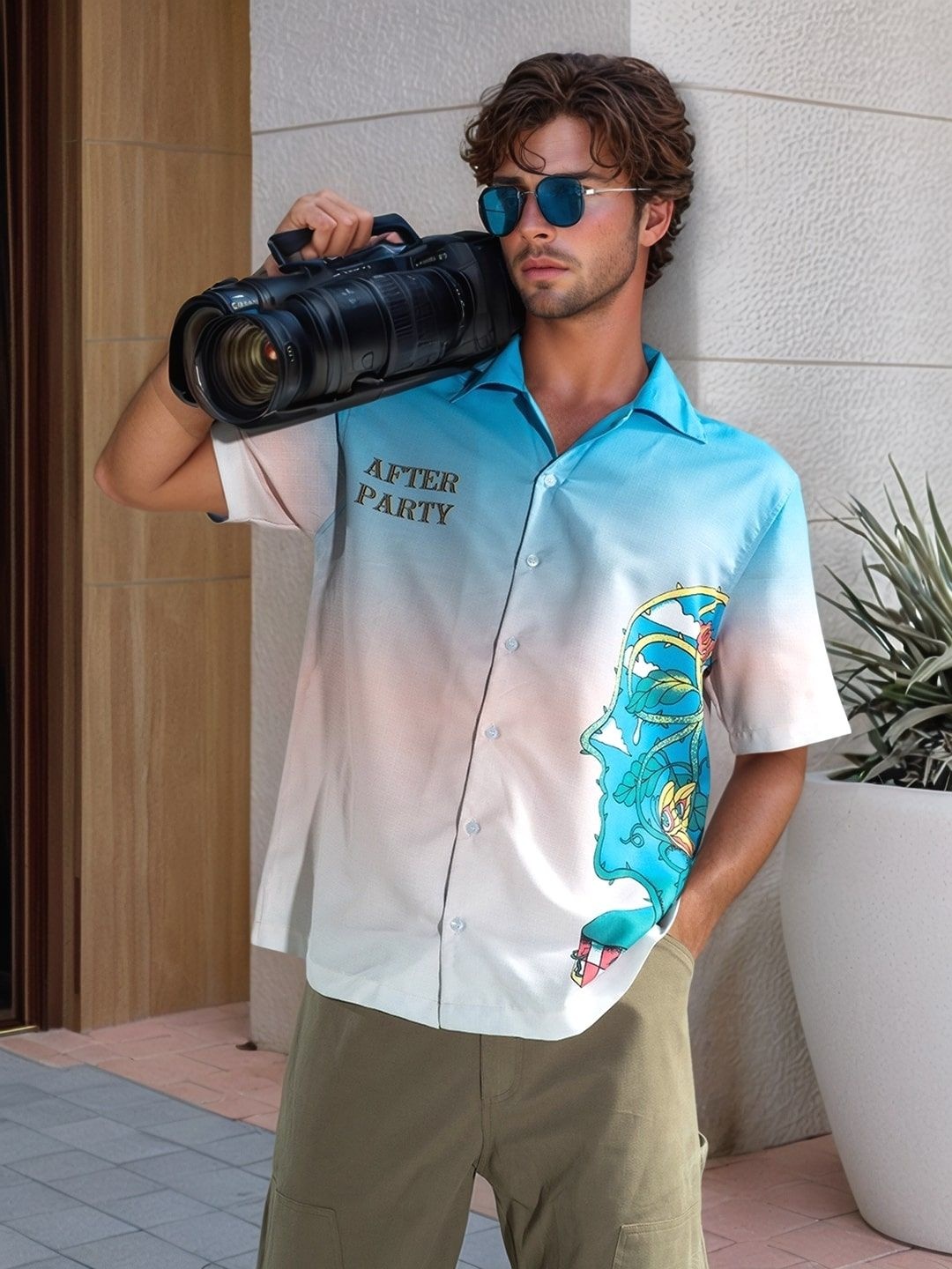 

HERE&NOW Men Relaxed Fit Spread Collar Graphic Printed Cotton Casual Shirt, Beige