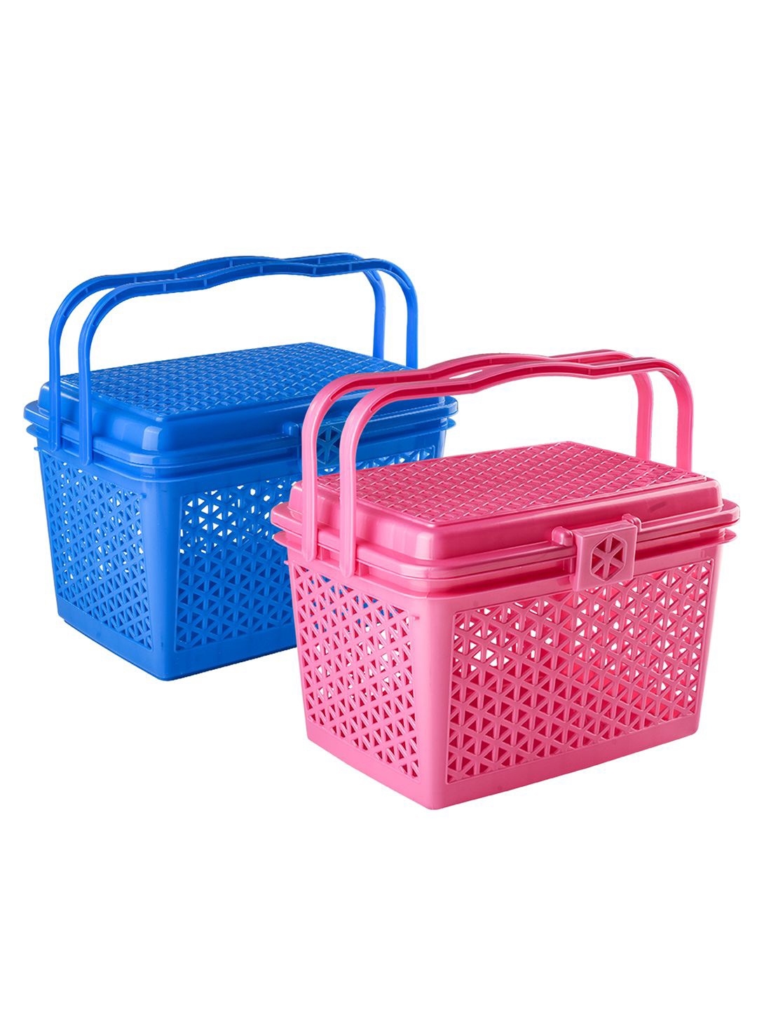 

Kuber Industries Pink & Blue Checked 2 Pieces Multipurpose Tote Basket with Lid & Handle