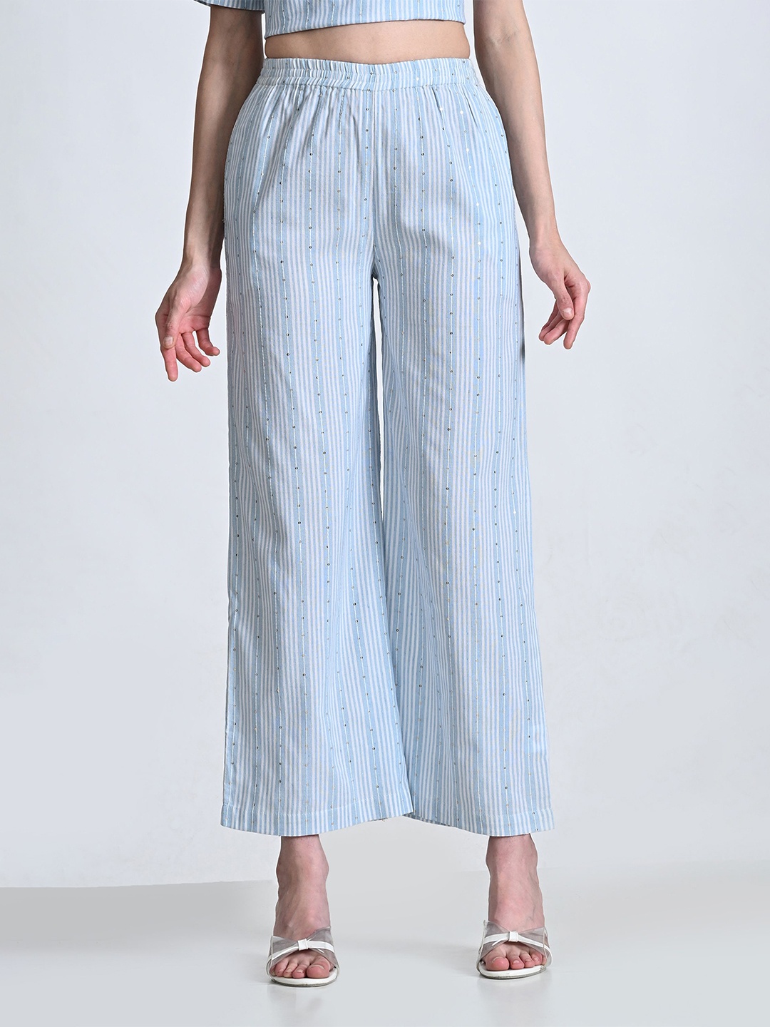 

BAESD Women Cotton Striped Embellished Palazzos, Blue