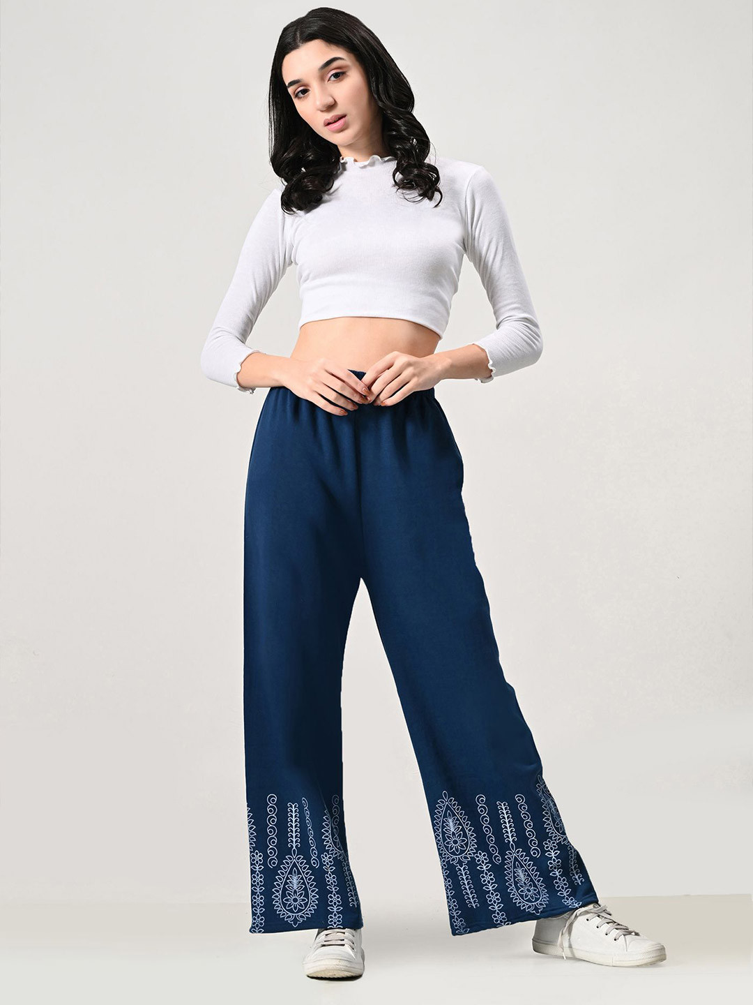 

BAESD Women Floral Printed Flared Knitted Palazzos, Navy blue