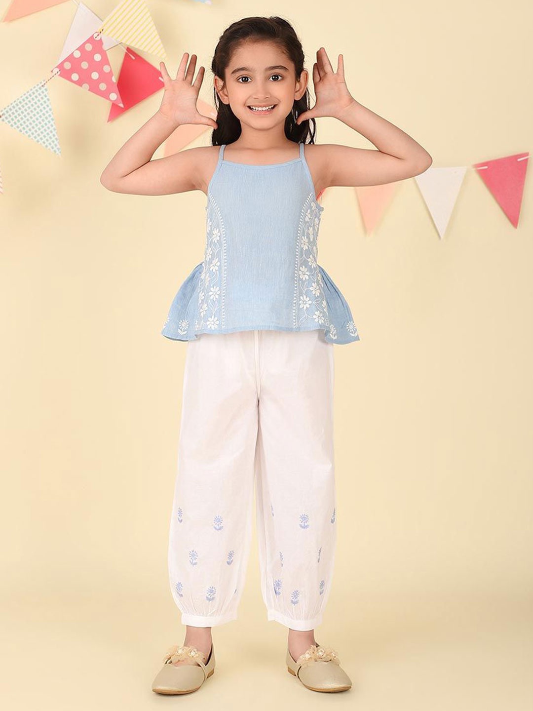 

Fabindia Girls Embroidered Pure Cotton Top With Trouser, Blue