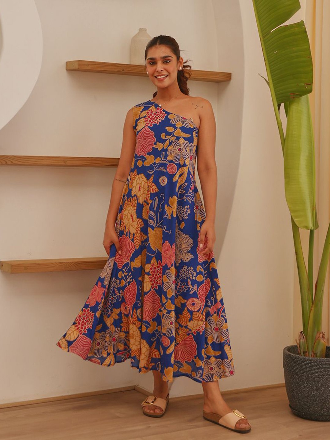 

Ekohum Women Floral Printed One Shoulder Sleeveless A-Line Maxi Dress, Blue