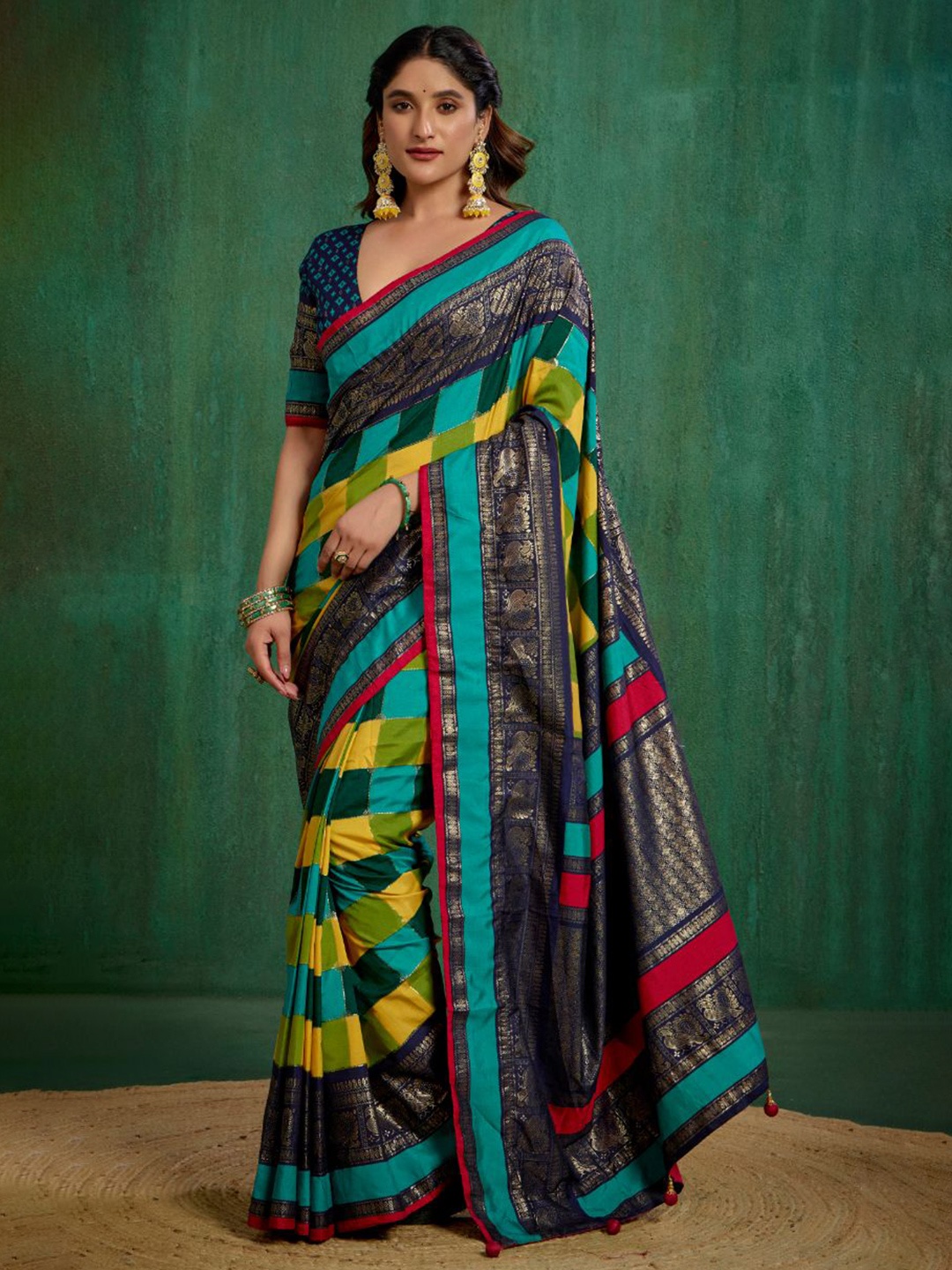 

Sangria Multi Tussar Silk Block Print Ready to Wear Saree, Green