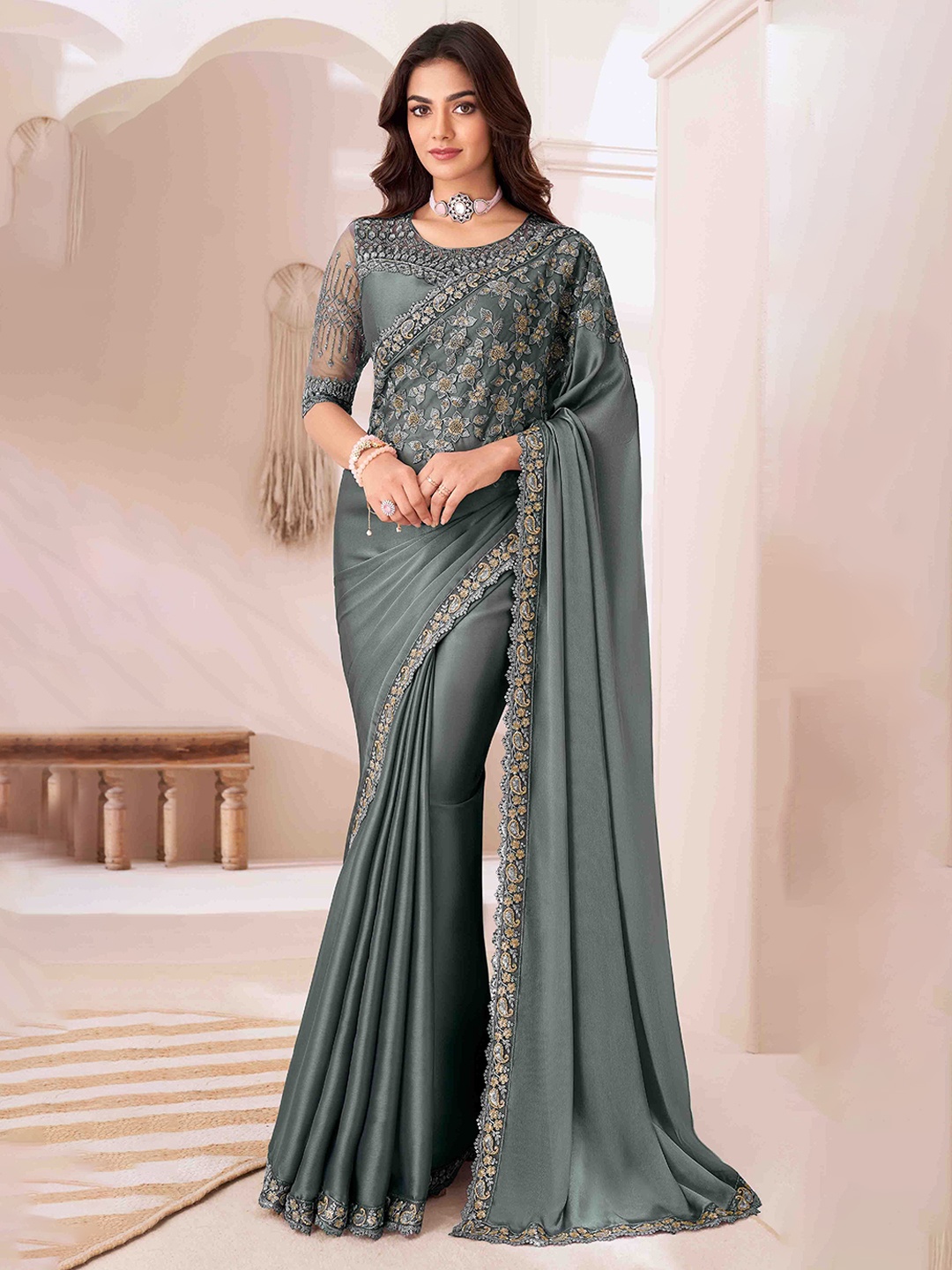 

Mitera Embellished Embroidered Pure Georgette Saree, Grey