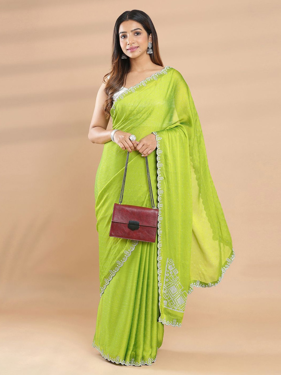 

Kalyan Silks Embellished Beads and Stones Poly Chiffon Saree, Green