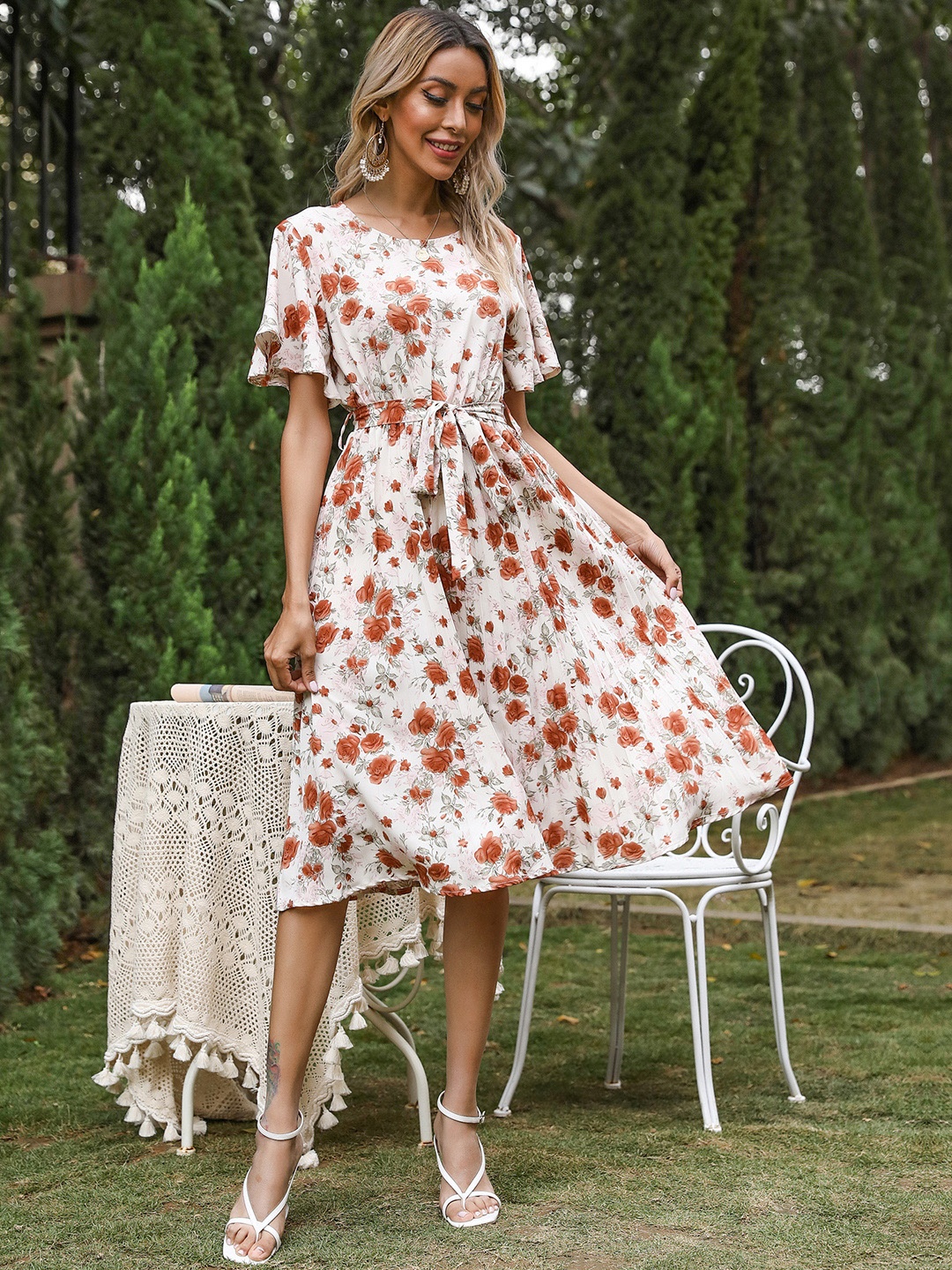 

DressBerry Floral Print Belted A-Line Midi Dress, Off white