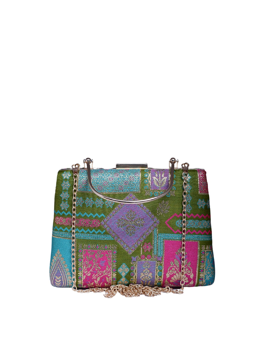 

ARTKLIM Ethnic Motifs Printed Brocade Box Clutch, Green
