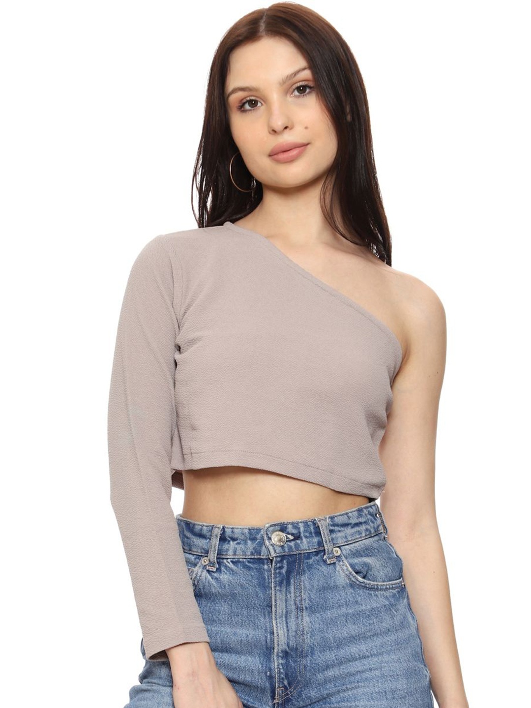 

SXV STYLE One Shoulder Georgette Crop Top, Beige