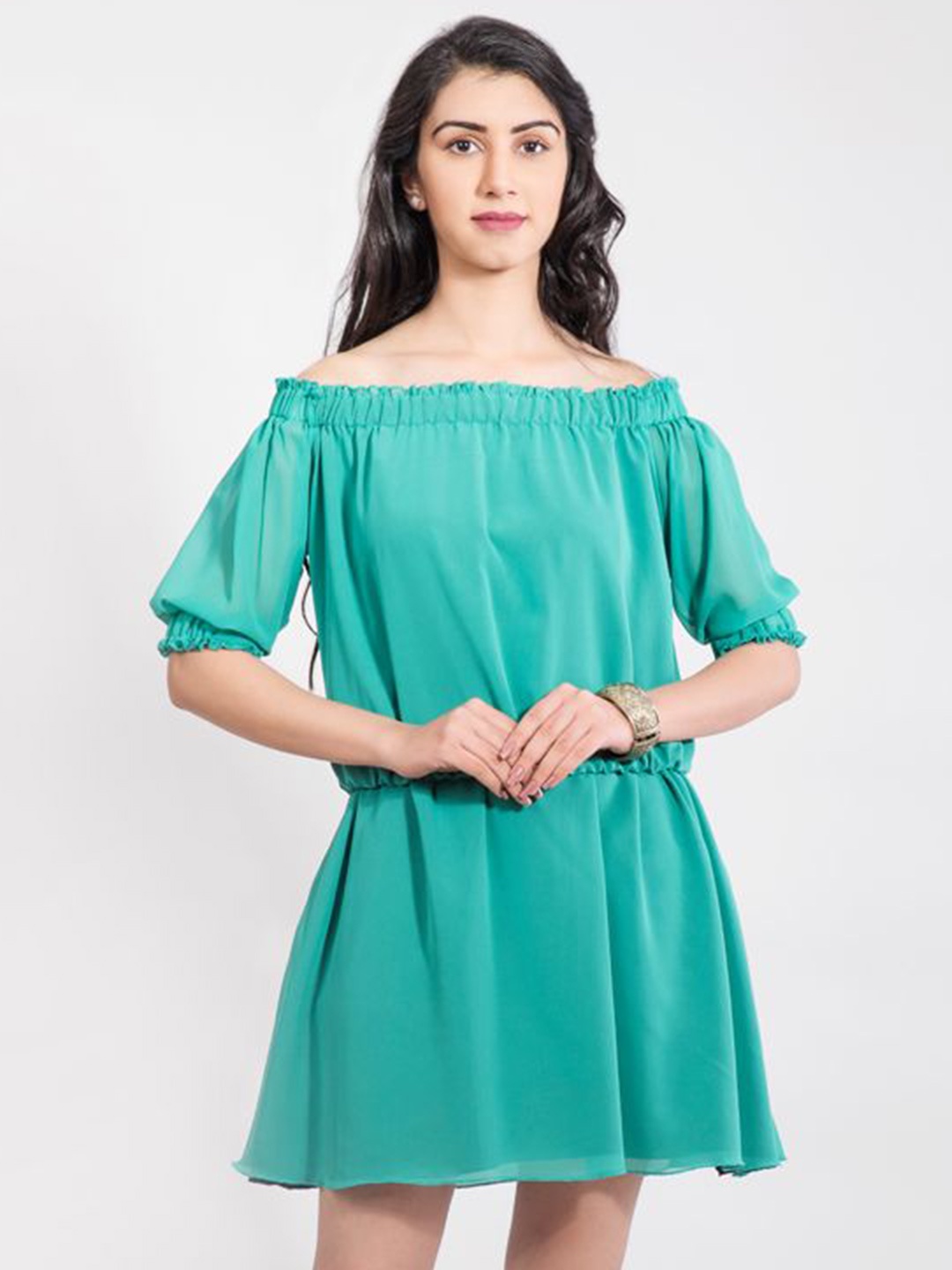

DELIS Off-Shoulder Puff Sleeve Georgette Fit & Flare Dress, Blue