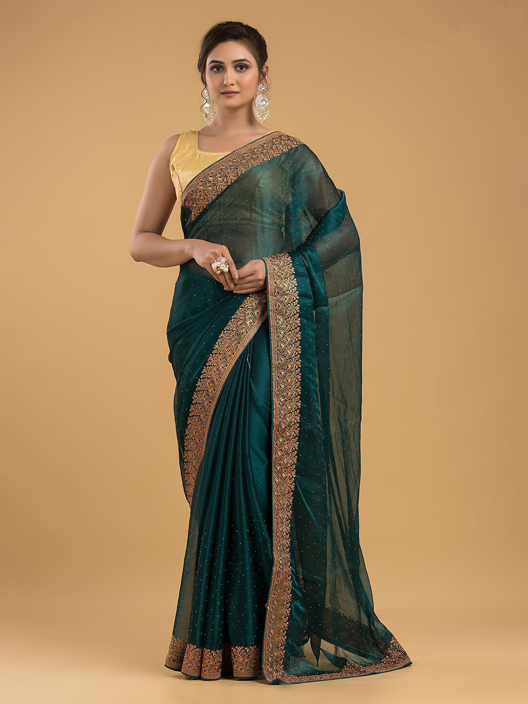

Dheu Embellished Beads and Stones Pure Chiffon Saree, Teal