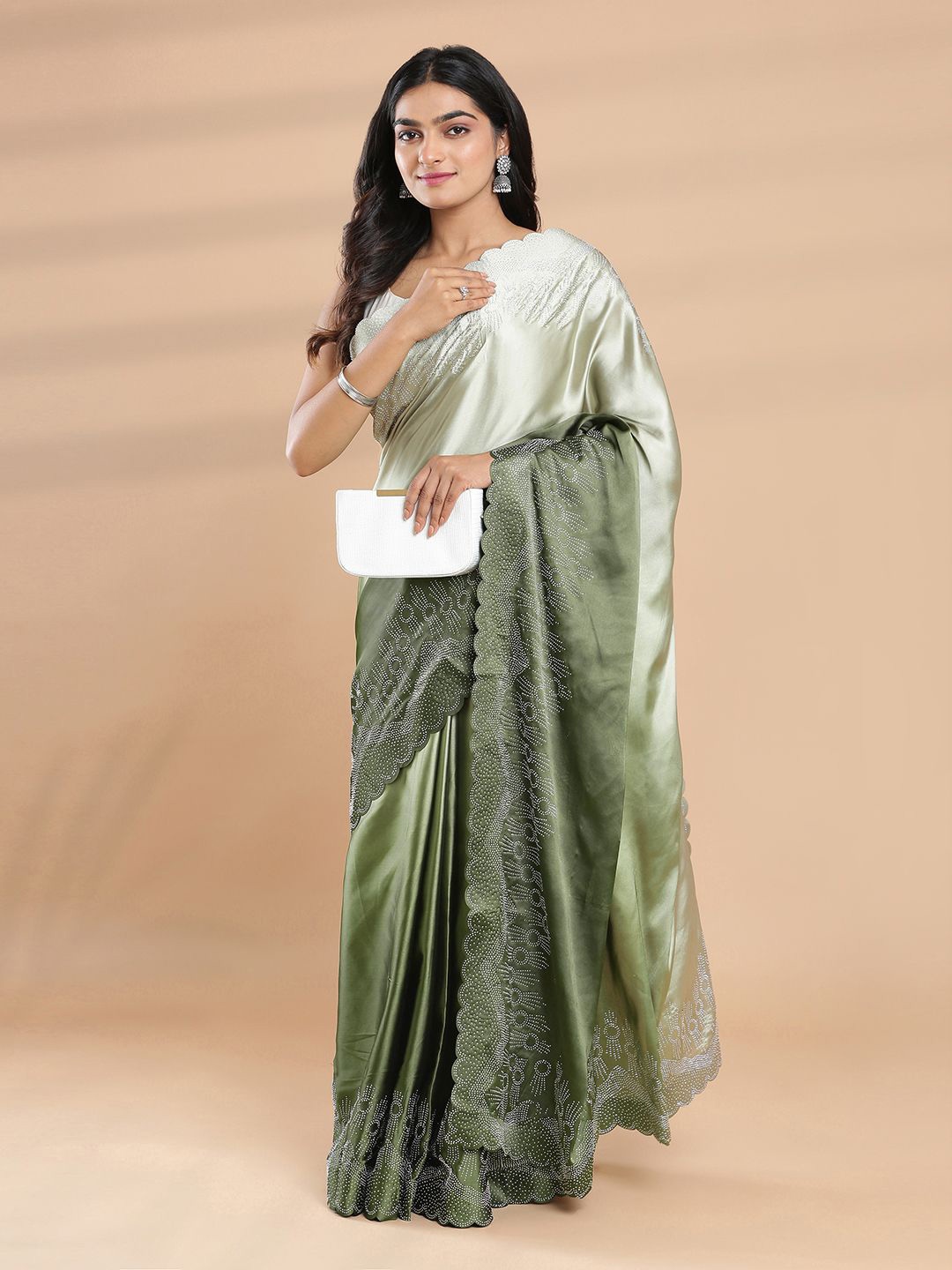 

Kalyan Silks Embellished Satin Saree, Olive